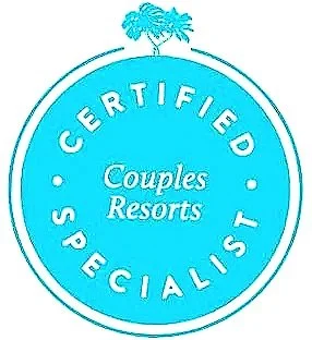 A circular blue logo with a palm tree at the top, containing the text 'CERTIFIED SPECIALIST' around the circle and 'Couples Resorts' in the center.