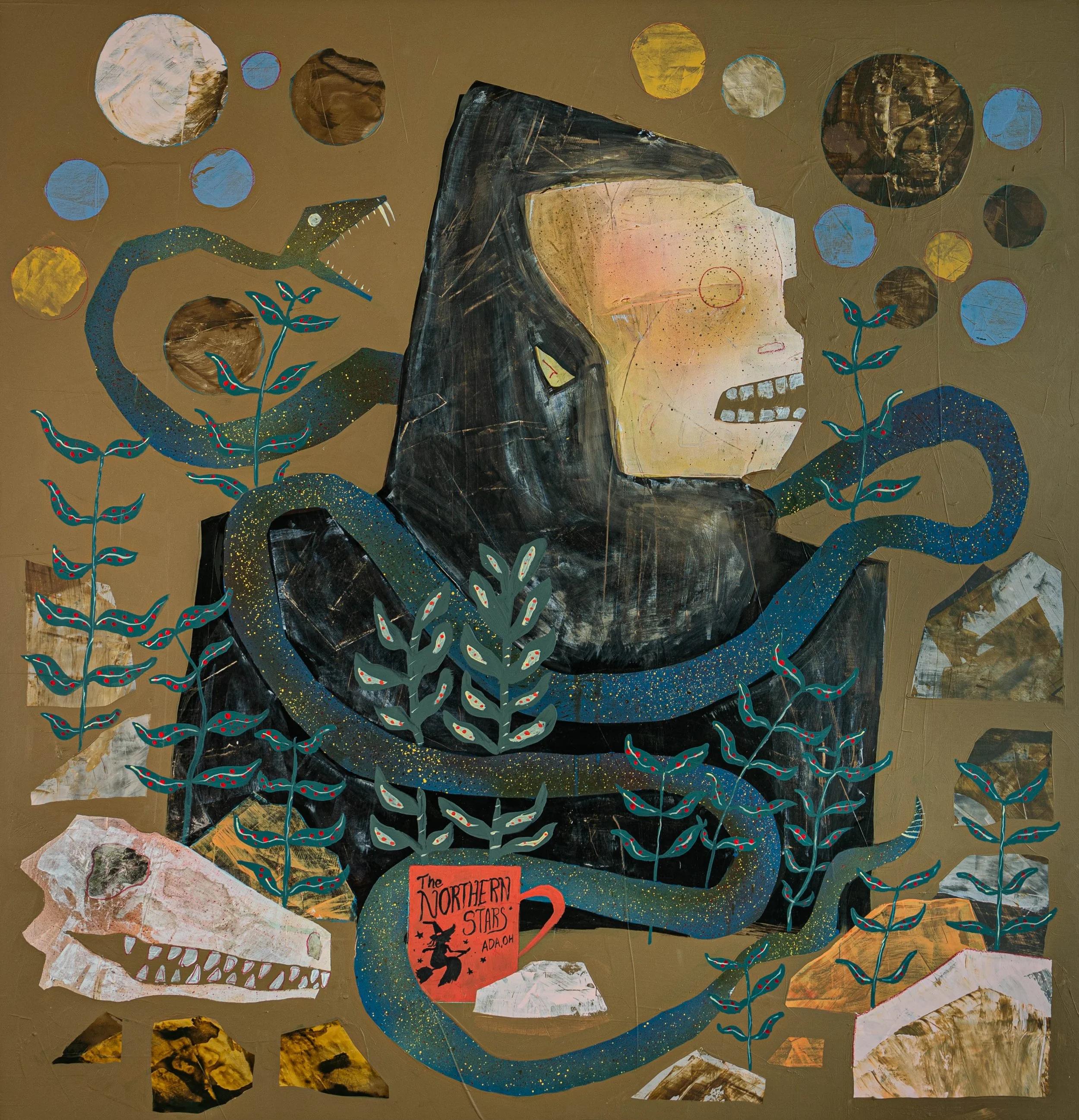 Collage of a human skull, a dinosaur, and space-themed elements on a gold background, with cut-out papers and colorful patterns.