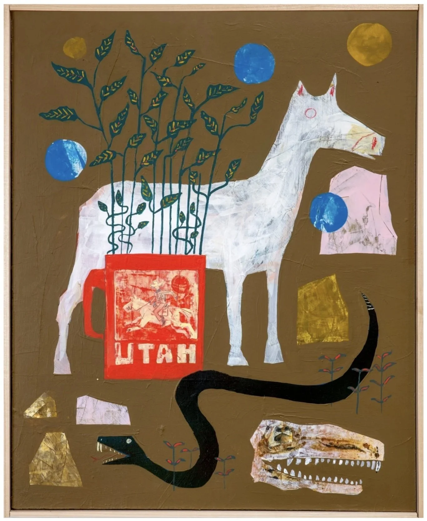Mixed media art featuring a white horse, a red Utah mug with green plants, dark serpents, and various abstract shapes, including yellow and blue circles, on a gold background.