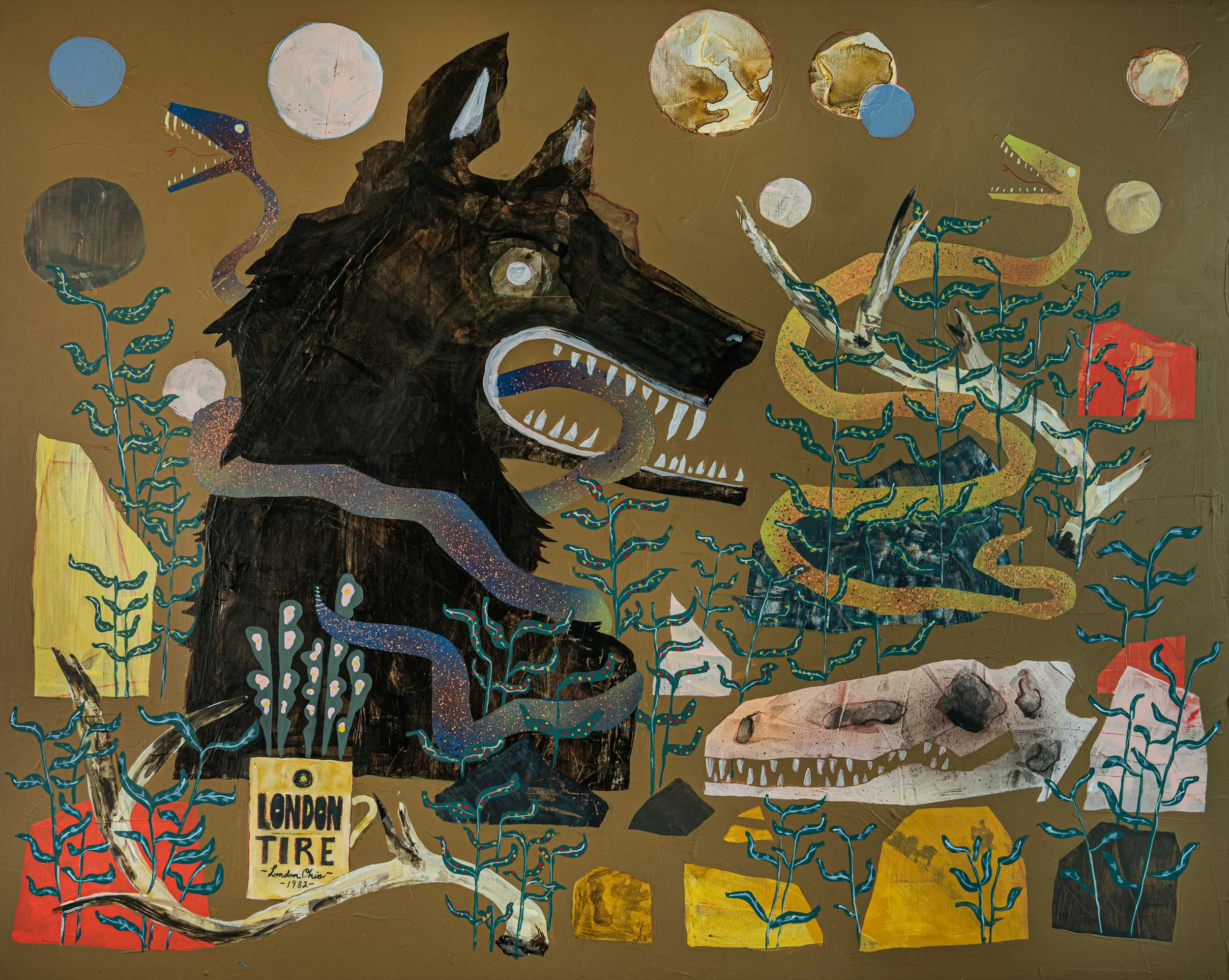 Abstract painting featuring a large black creature with sharp teeth, surrounded by blue and green serpent-like shapes, planets or round objects, and a yellow sign with text that includes 'LONDON', 'TIRE', and '1982'.