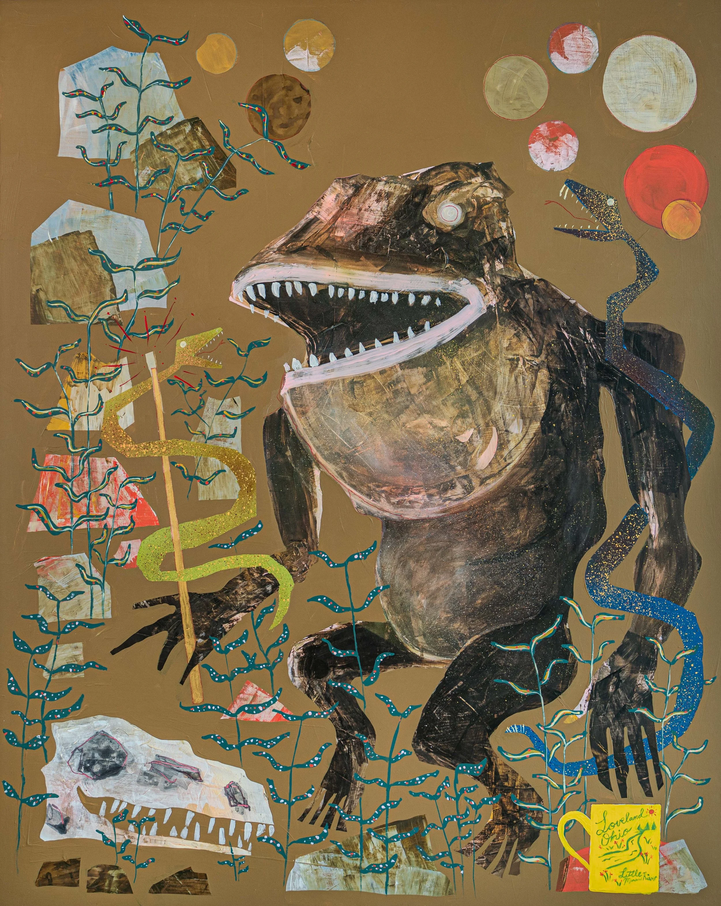 Painting of a T. rex dinosaur with bared teeth, surrounded by abstract shapes and colorful plant forms on a brown background, with a yellow note in the bottom right corner that says "Loveland Ohio Little K."