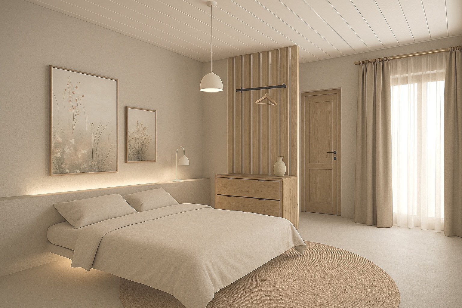 A minimalist bedroom with a bed, artwork, and natural wood furniture, featuring light beige curtains and soft lighting.