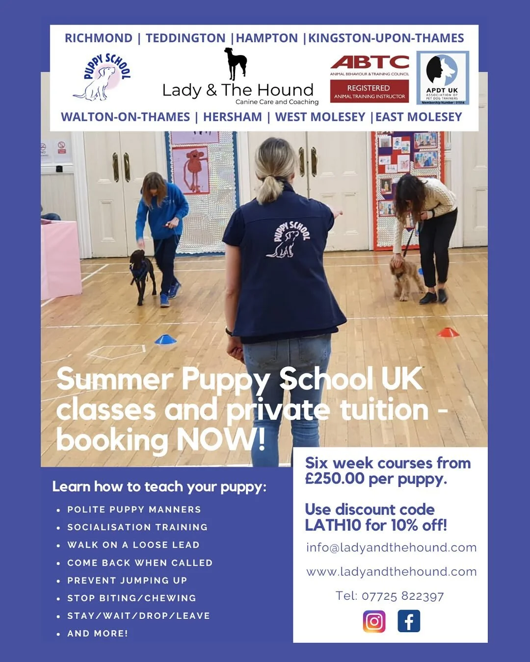 🐶 Our summer puppy classes are well underway with June courses having already sold out! 
🐾 There’s still time to book on to one of our July or August courses though, swipe to view our class timetable 👉🏻
‼️ NEW!! Friday 11AM classes in Ted