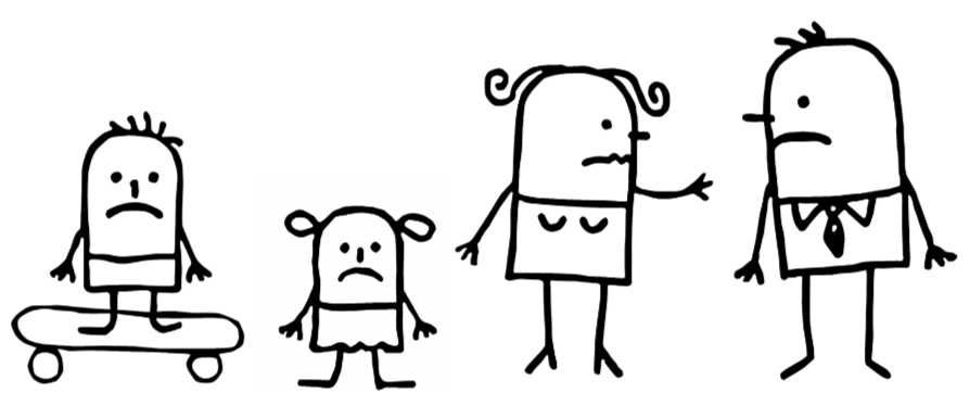 Färgglada tecknade figurer som visar olika känslor och kläder, inklusive en skateboard, en liten figur och två vuxenlika figurer.