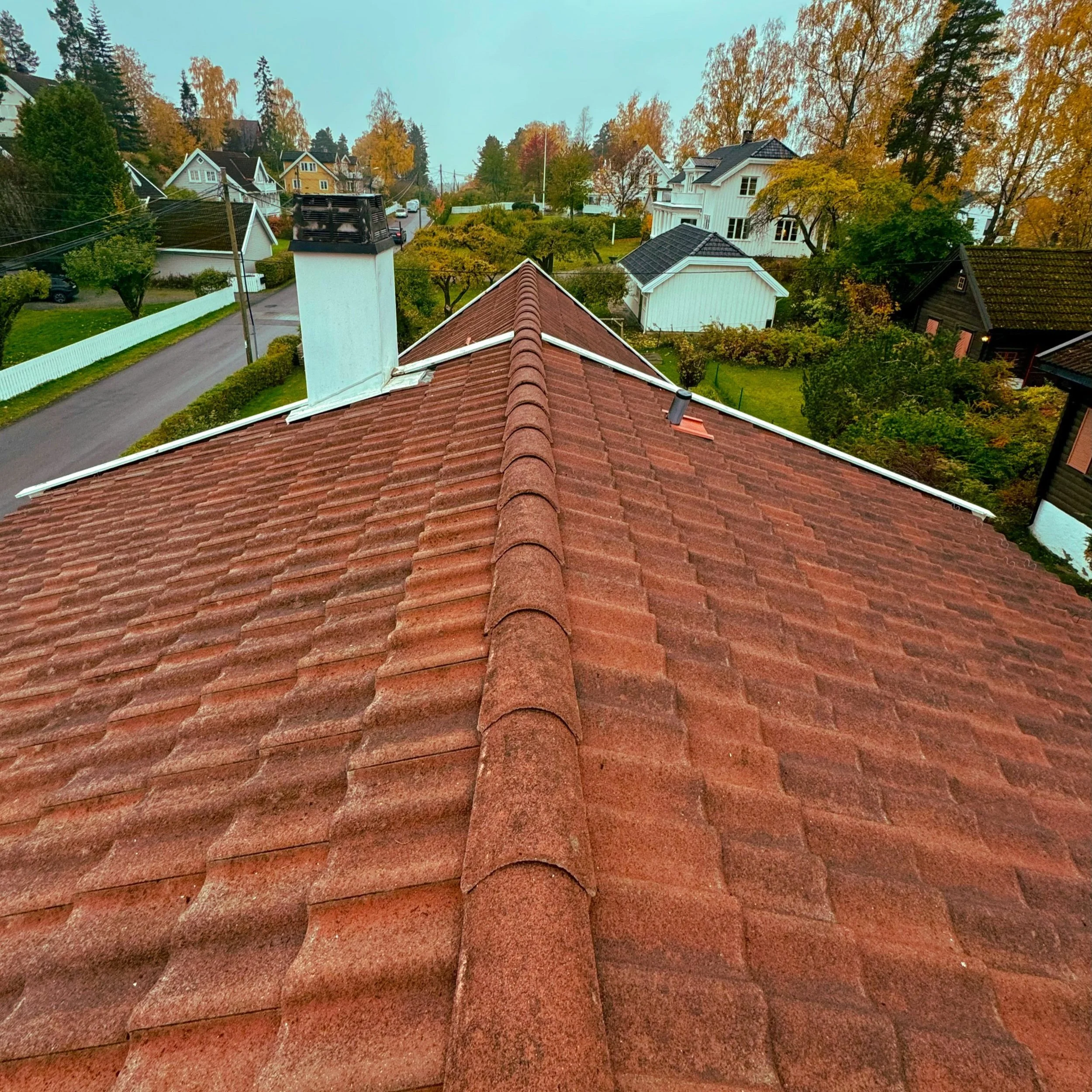Fjerne mose betong og tegltak med kjemikalier eller vask med høytrykk