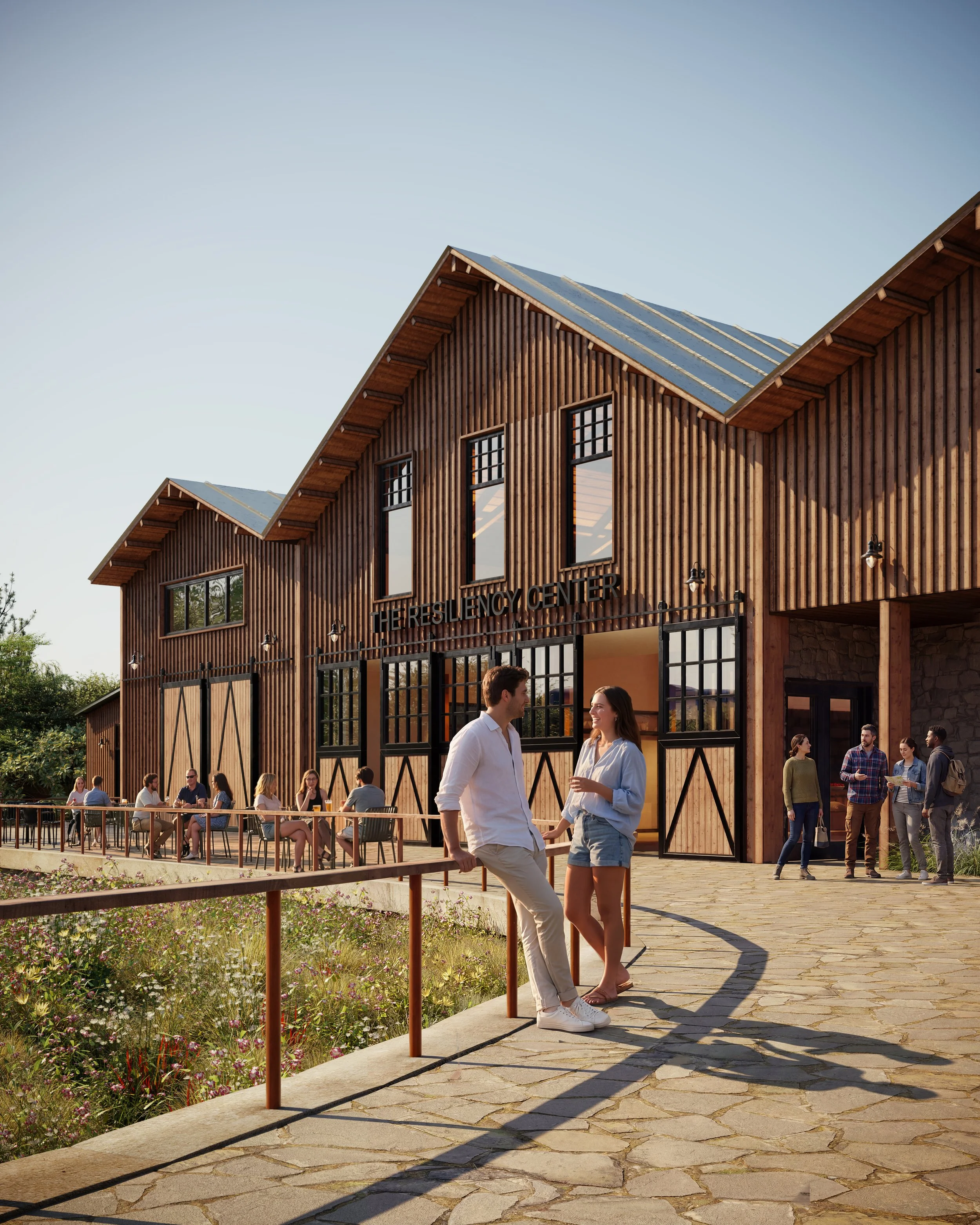 Photorealistic rendering of the main entrance plaza at the First Responders Resiliency Center in Cotati, showcasing timber architecture, landscaped outdoor seating, and community spaces that support wellness, education, and resilience