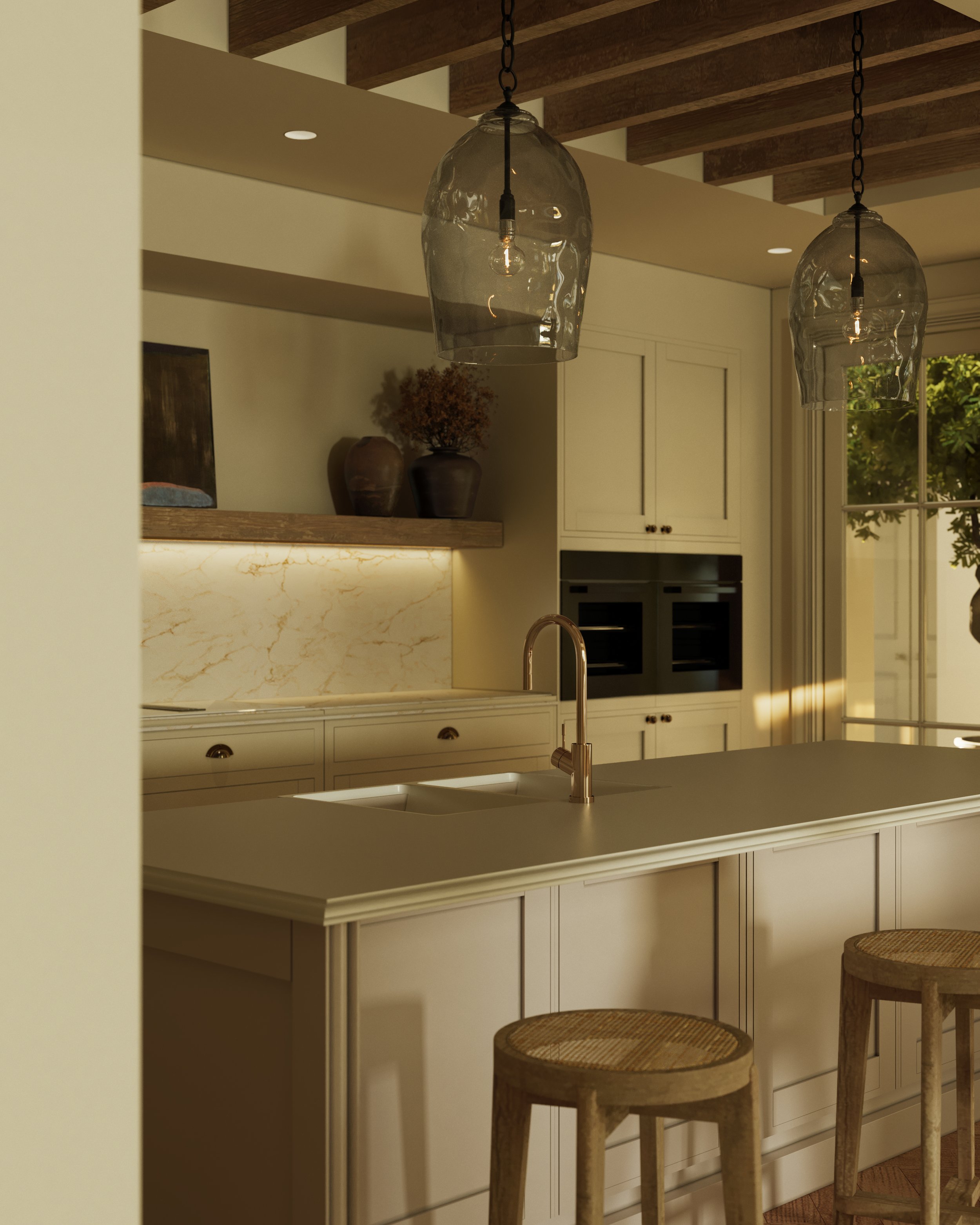 Kitchen 3D rendering with a brass island tap, glass pendant lights, cream cabinetry and an illuminated stone splashback.