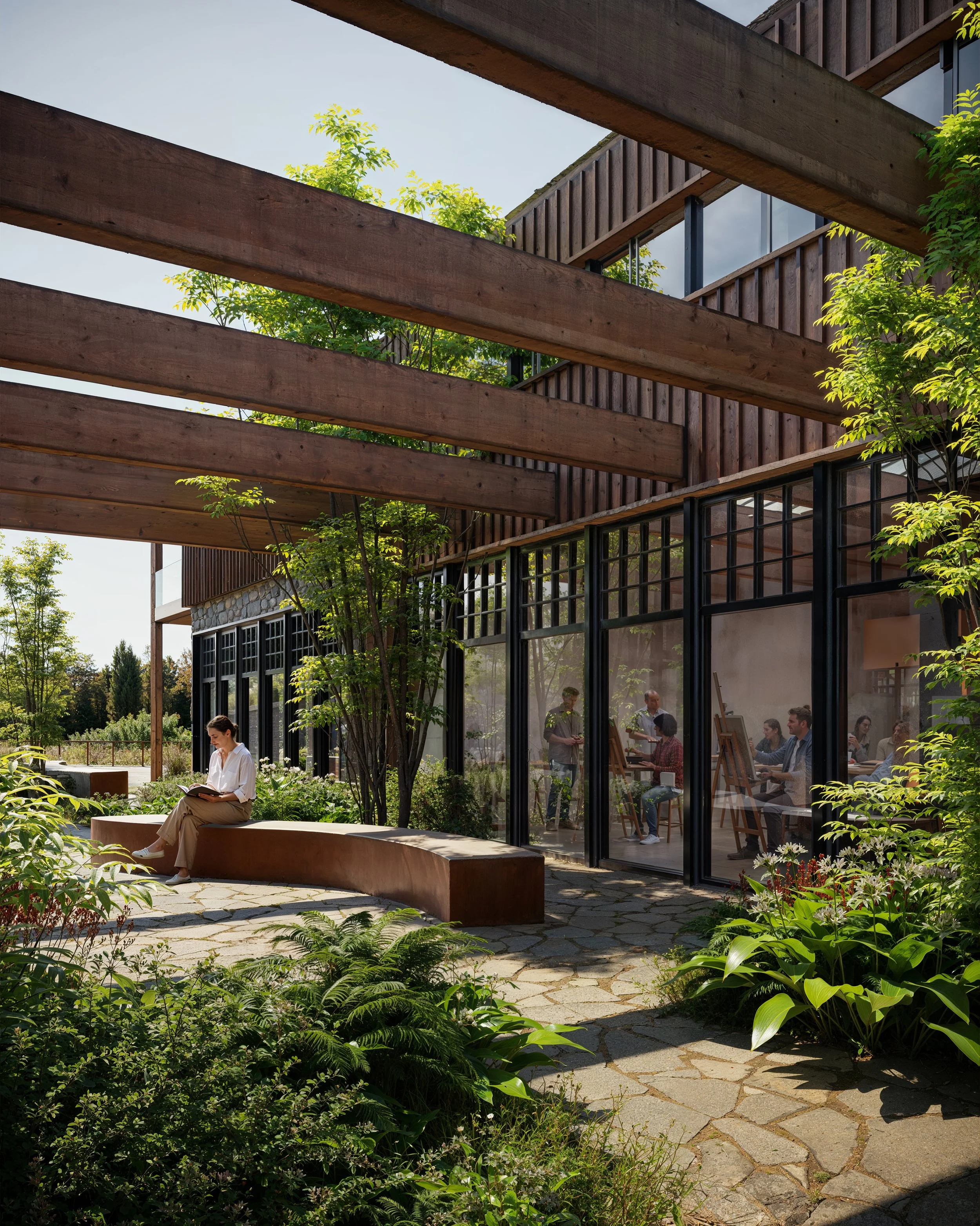 Photorealistic architectural rendering of an outdoor learning and relaxation courtyard at the First Responders Resiliency Center in Cotati, featuring lush landscaping, timber pergolas, shaded seating areas, and flexible indoor-outdoor spaces designed