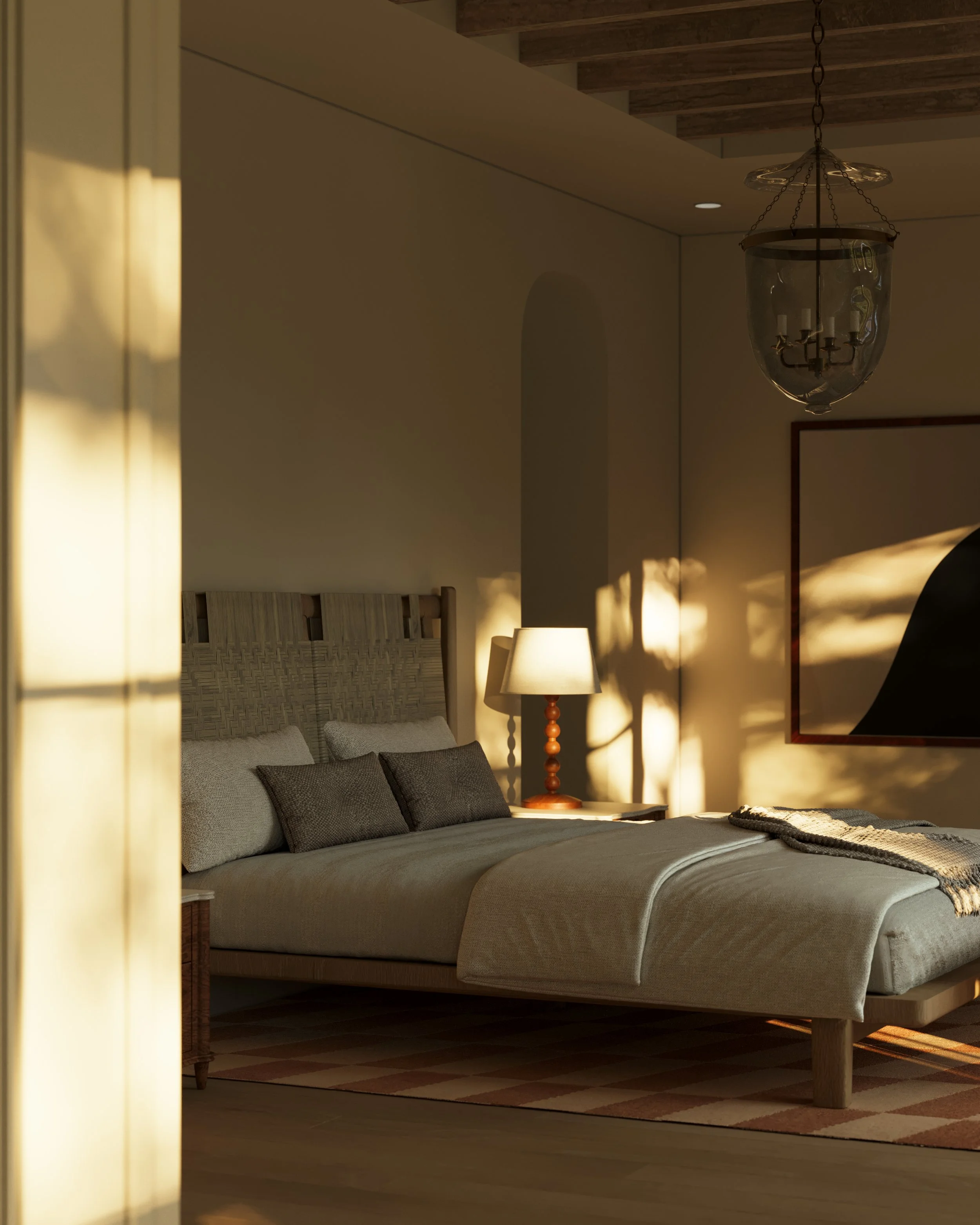 Bedroom rendering detail with a woven headboard, layered neutral bedding and an amber bedside lamp in dappled sunlight.