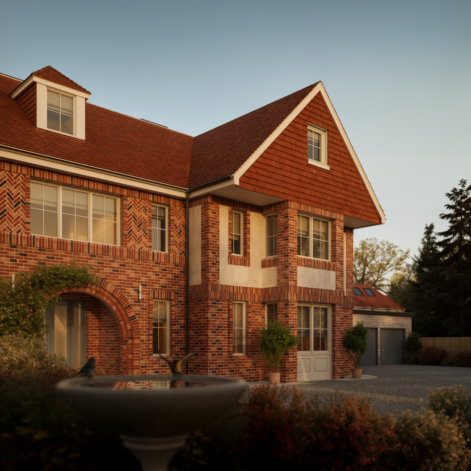 Exterior rendering detail of The Reserve’s tile-clad gable, herringbone brickwork and arched entrance, with a garden fountain in the foreground.