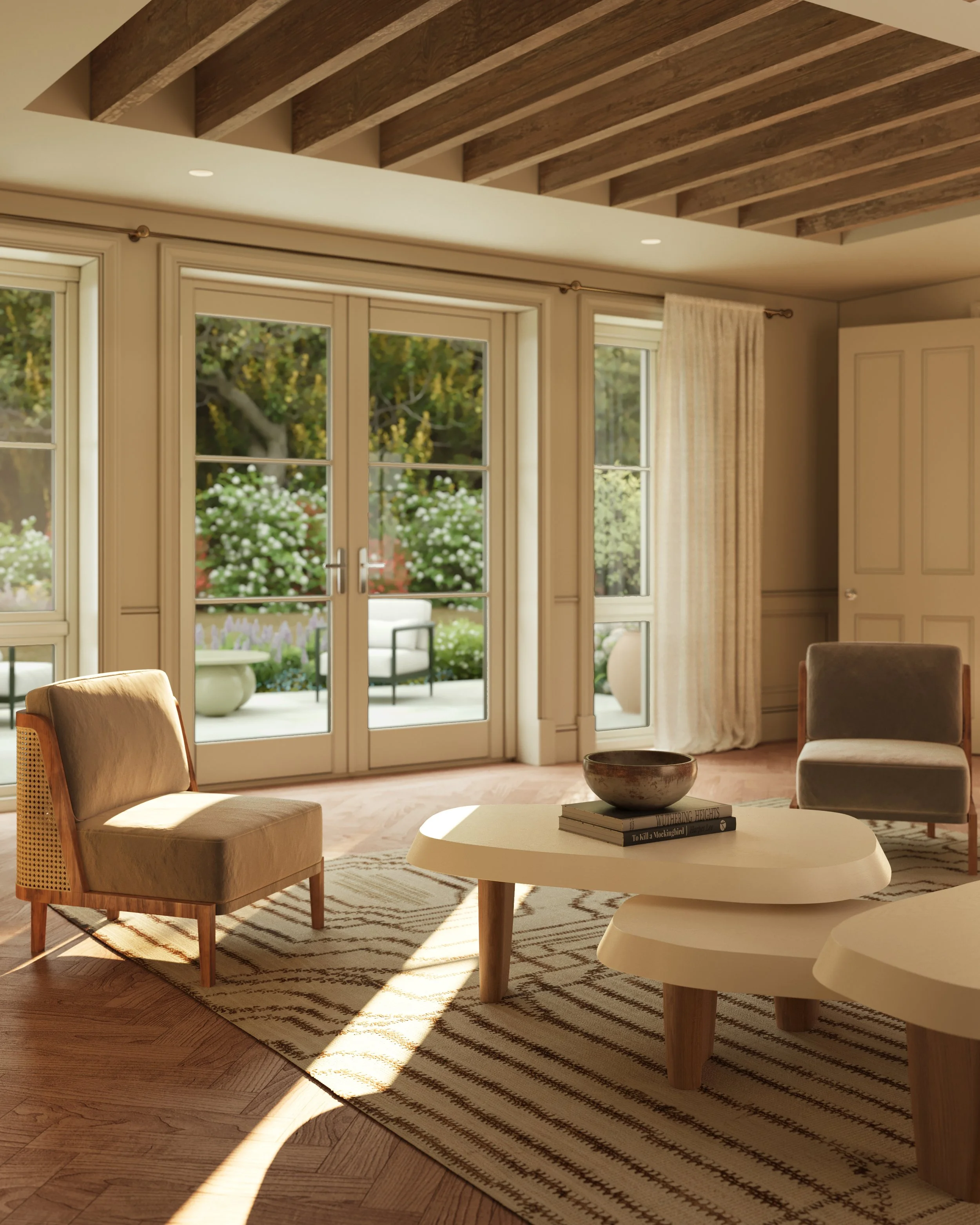 3D rendering of a sunlit sitting area with upholstered chairs, sculptural coffee tables and French doors opening onto a garden terrace.