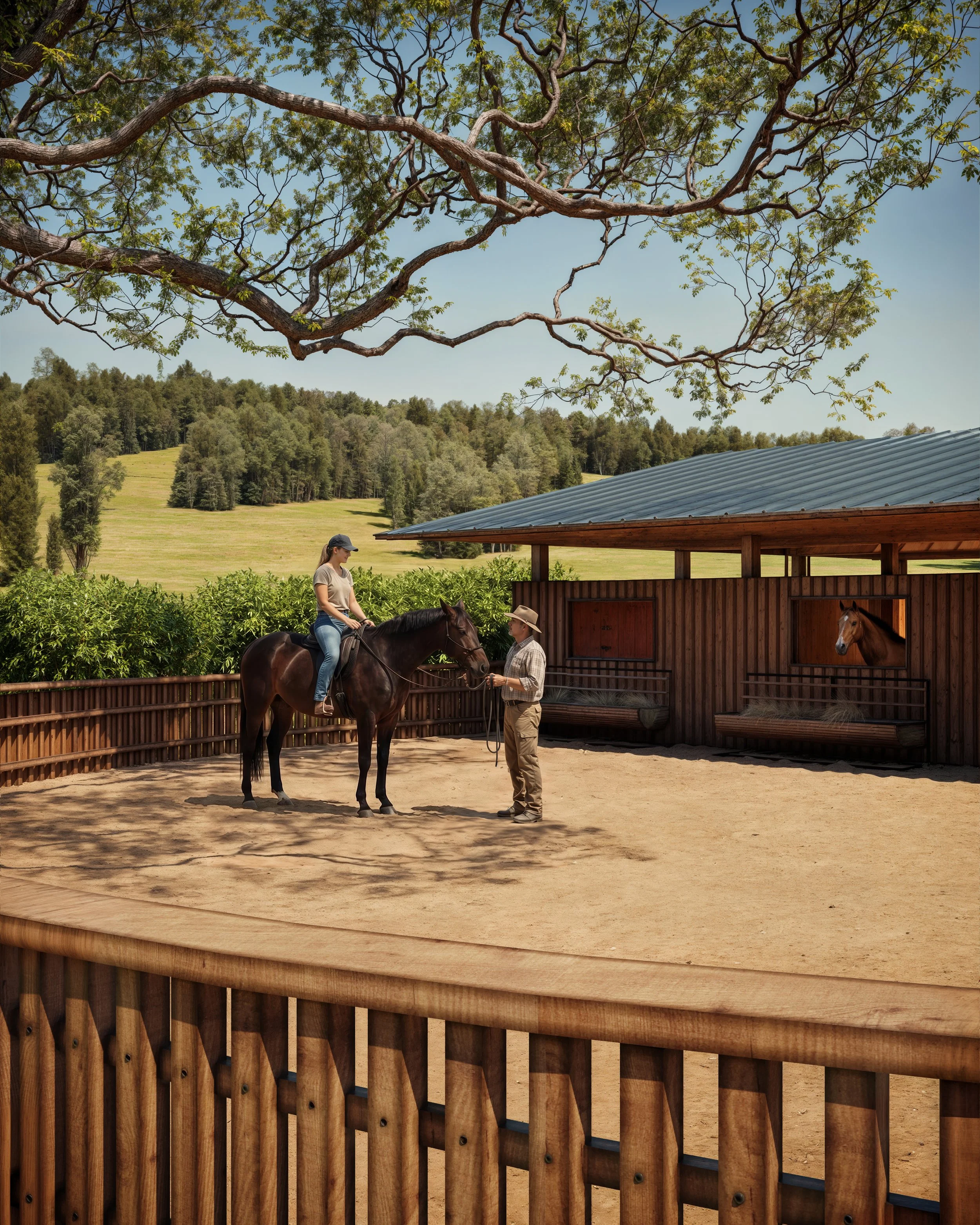 Photorealistic architectural rendering of an equestrian therapy area at the First Responders Resiliency Center in Cotati featuring timber horse barns, a riding arena, mature oak trees, and natural landscape surroundings designed to support wellness a
