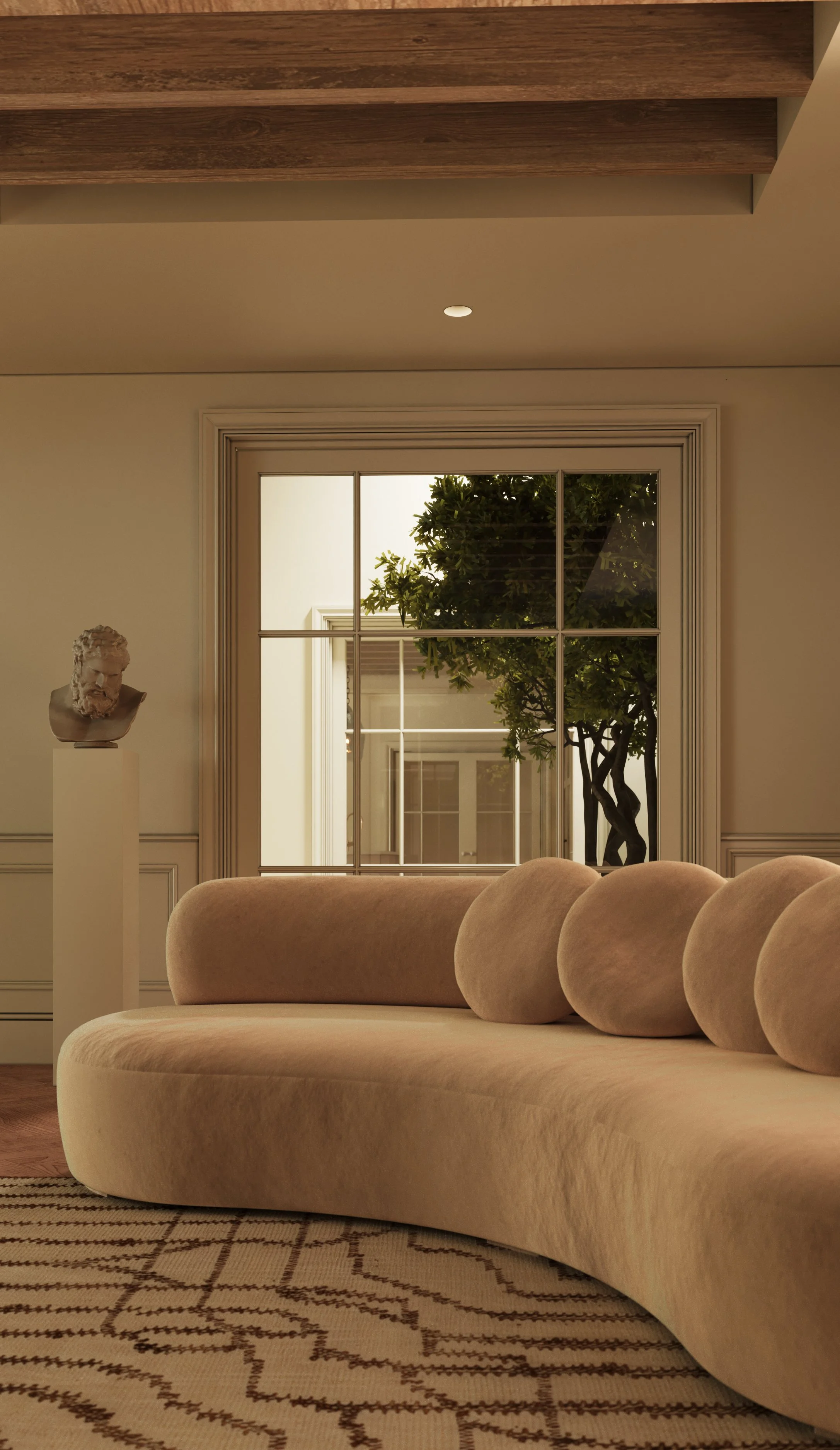nterior rendering detail of a curved sofa with round cushions beside a classical bust and a window overlooking the planted atrium.