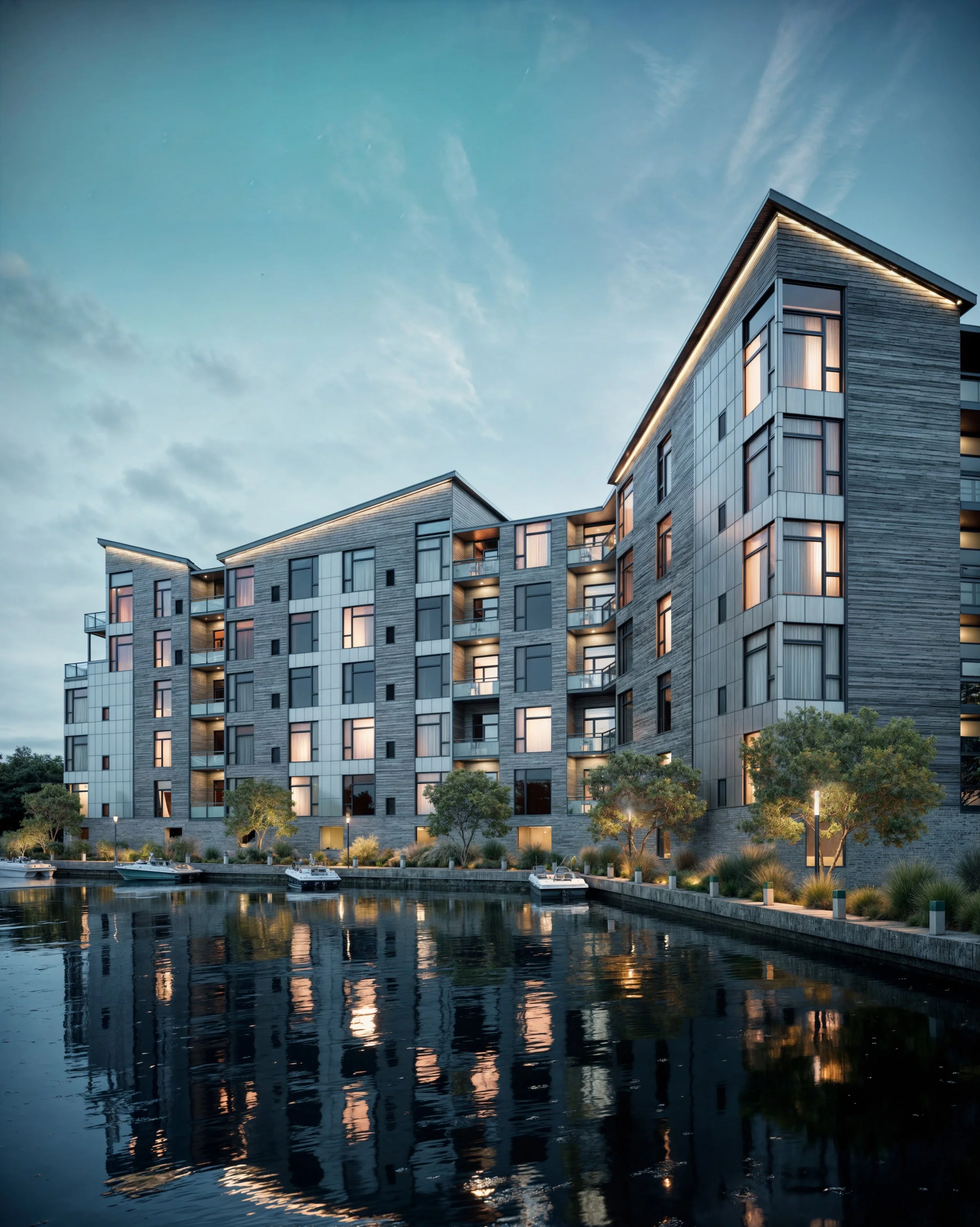 Modern Waterfront Apartment Complex Rendering at Dusk — CG WURX