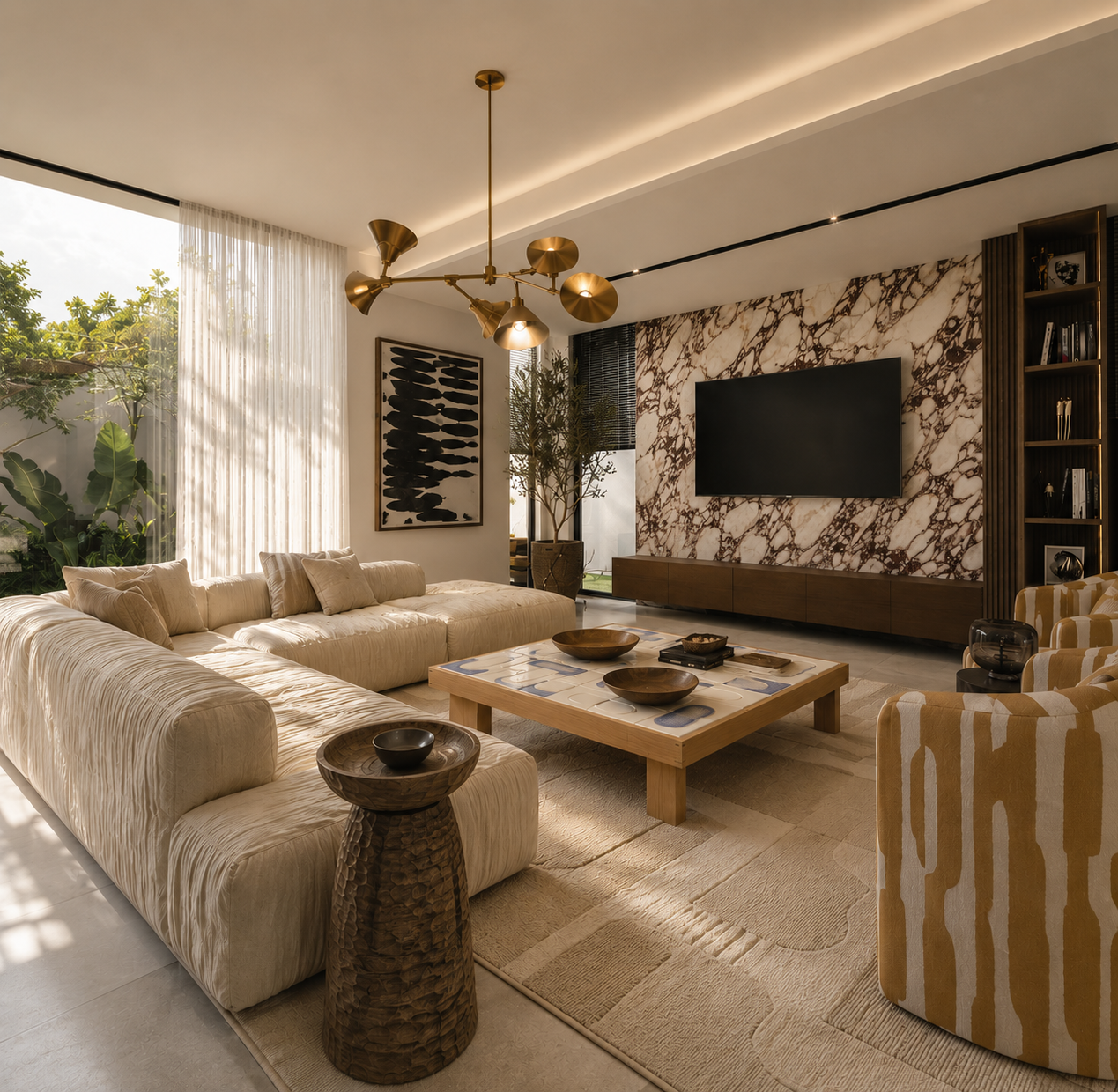 Modern living room with cream coloured couch, wooden coffee table with decorative tiles, patterned mustard beige armchairs, marble accent wall with mounted TV, black and gold pendant chandelier, large window with sheer curtains, pot plants, artwork
