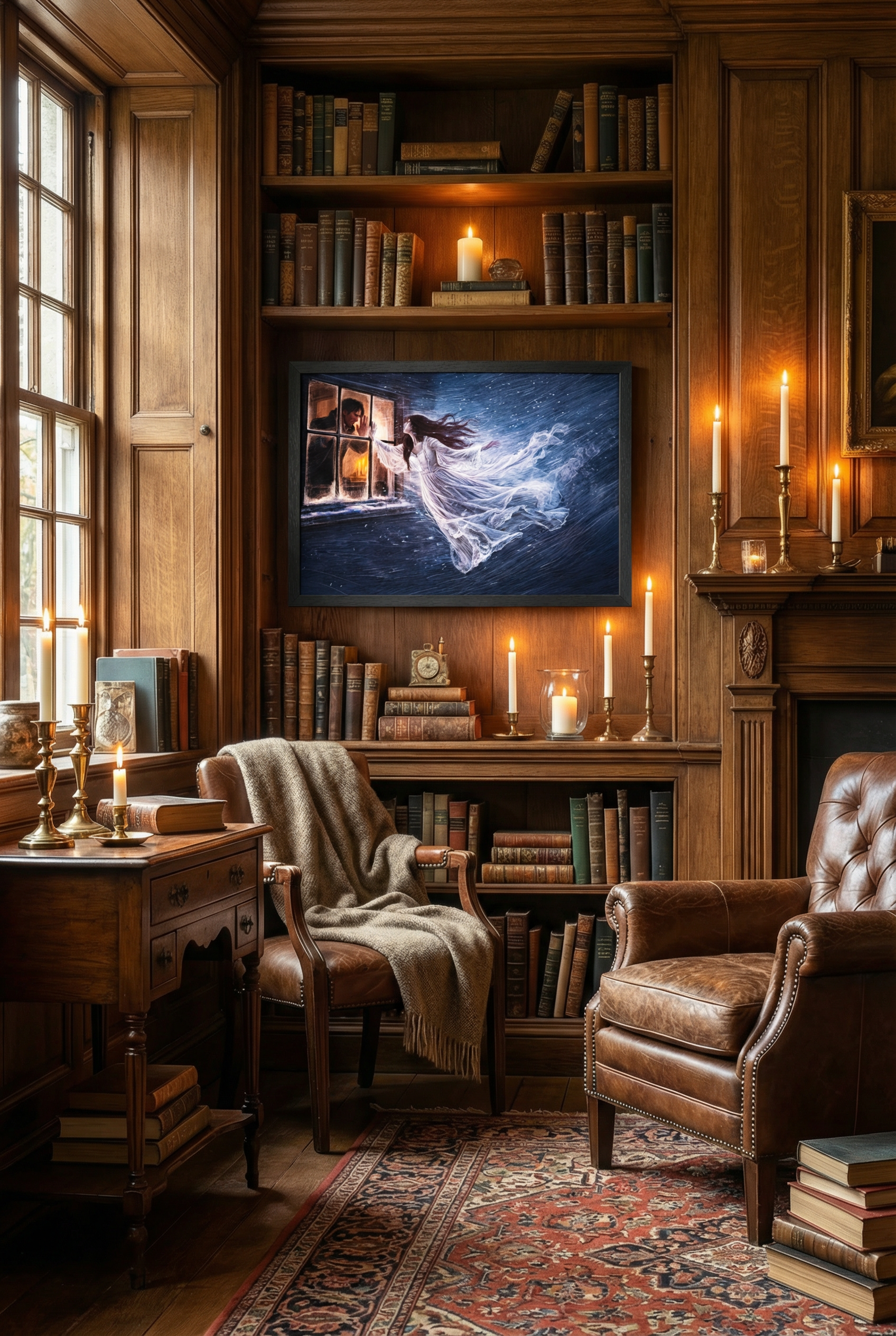 Firefly_Gemini Flash_add this painting into a cosy library room with a lot of light, dark wooden shelves,  530516-2.png