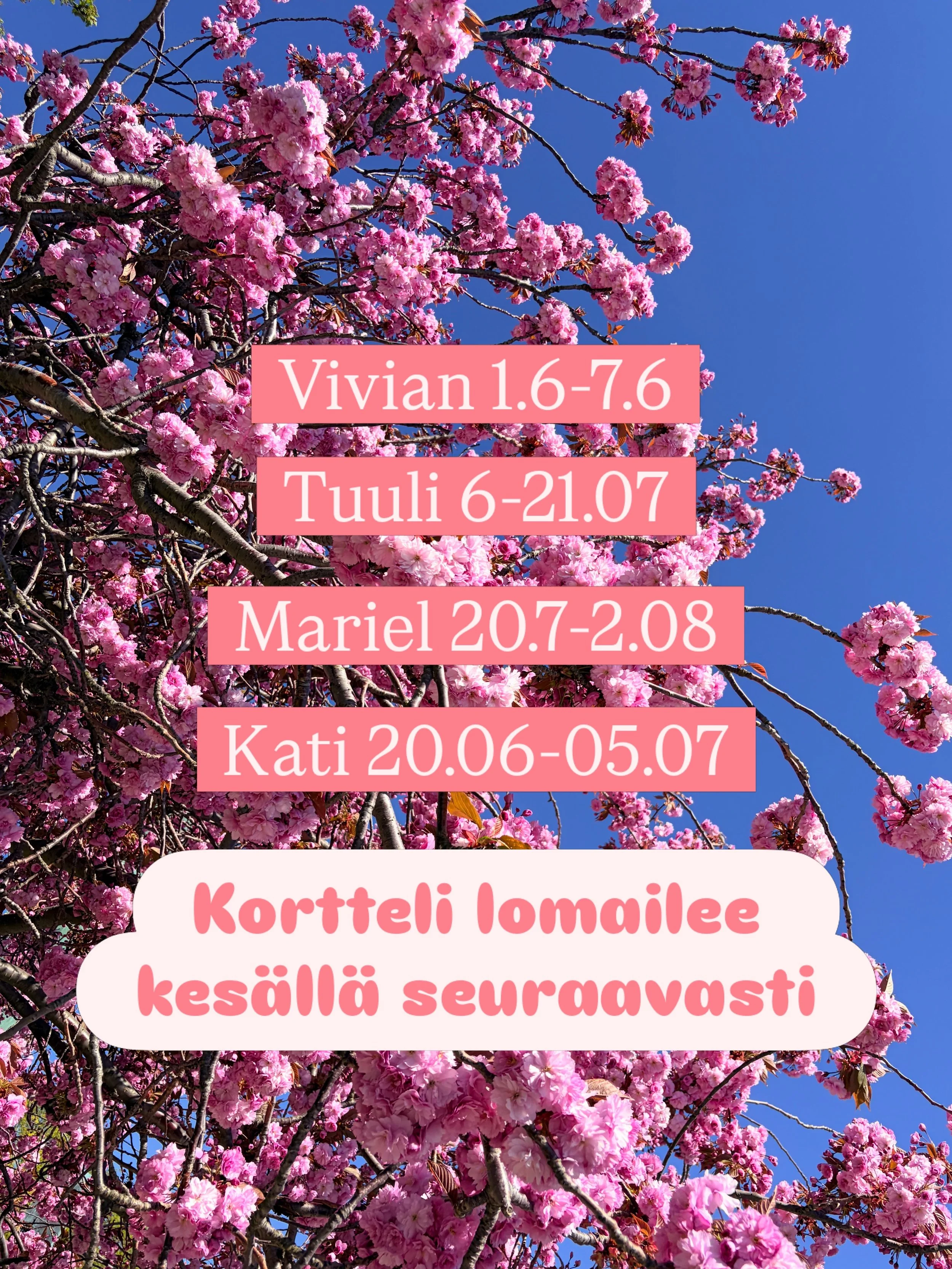 Kes&auml;loma-aika l&auml;hestyy! 

Varaa aikasi ajoissa, jotta saat sinulle sopivan ajan.
Jos et l&ouml;yd&auml; sopivaa aikaa nettiajanvarauksesta, soita meille tai laita viesti&auml; &mdash; katsotaan yhdess&auml; sopiva aika. 

Aurinkoista ja iha