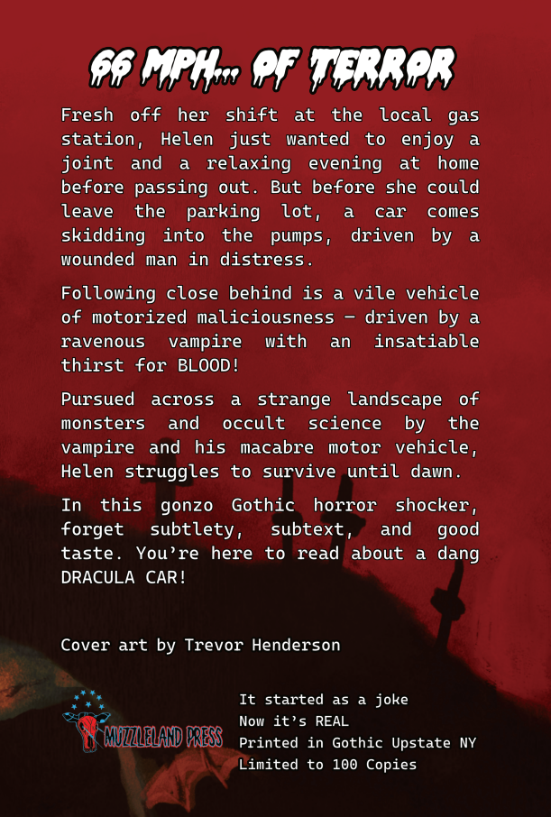 Back cover of Dracula Car, with text describing the book, which is the same as the text here on this web page.