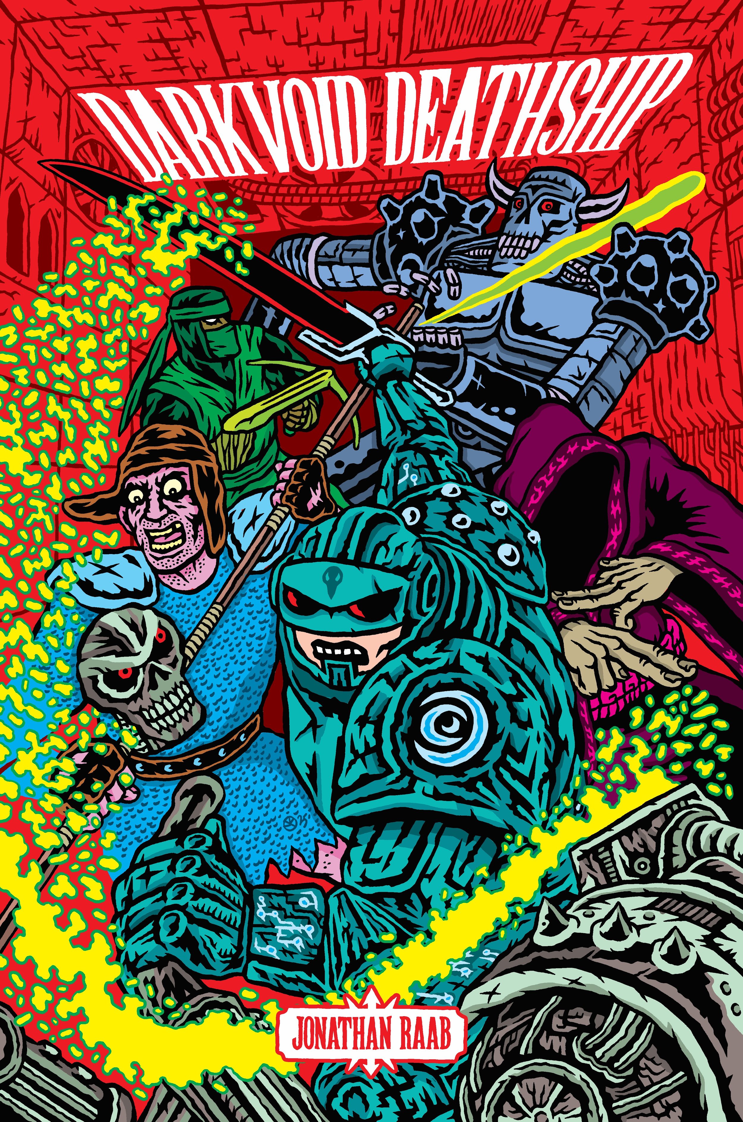 Darkvoid Deathship cover, with an adventuring party battling robotic skeletons in a red dungeon