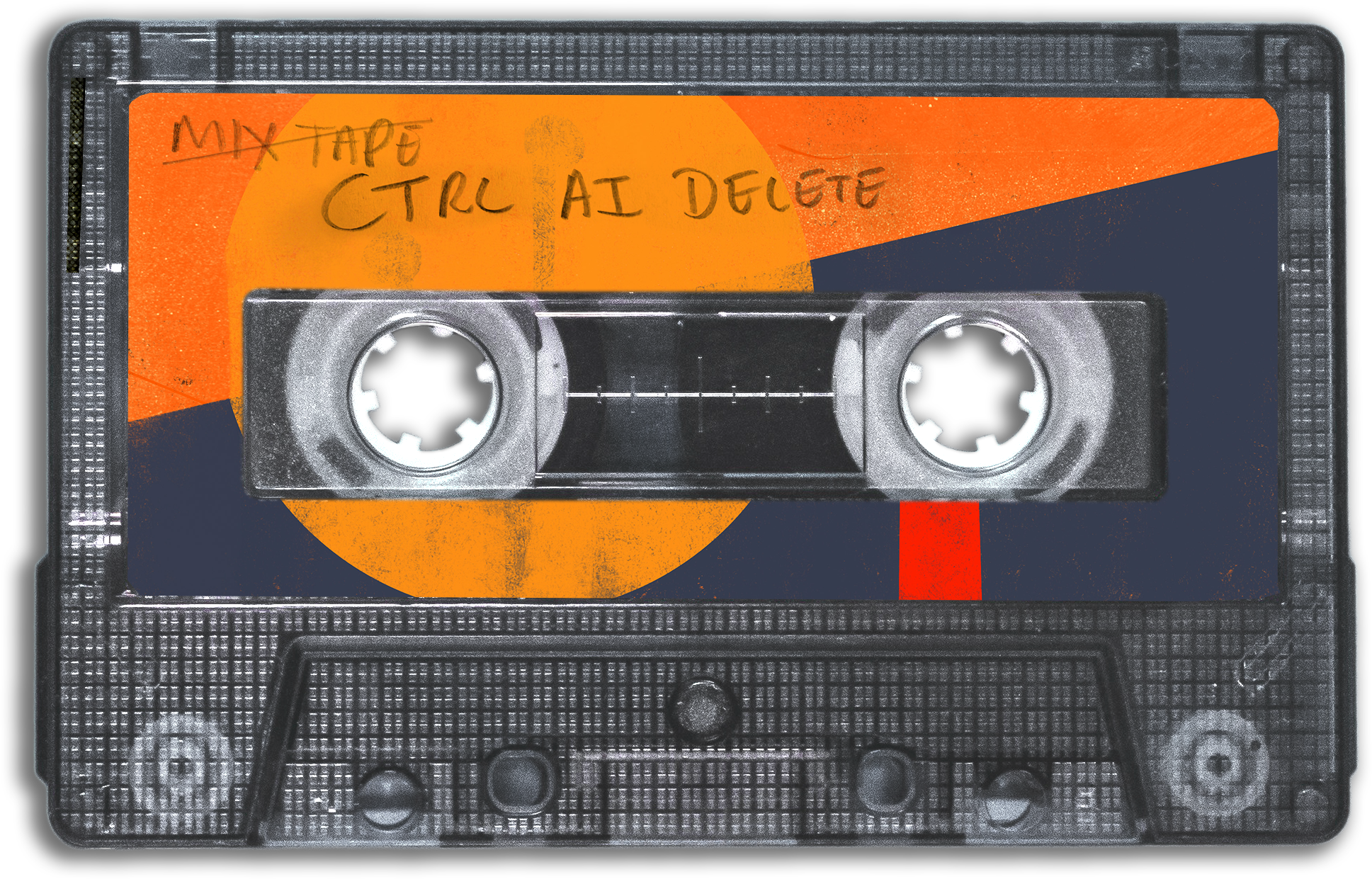 A close-up of a cassette tape with a handwritten label that has scribbled over  'MIX TAPE' text and 'CTRL AI DELETE' in its place. The casette label is featuring the album art.