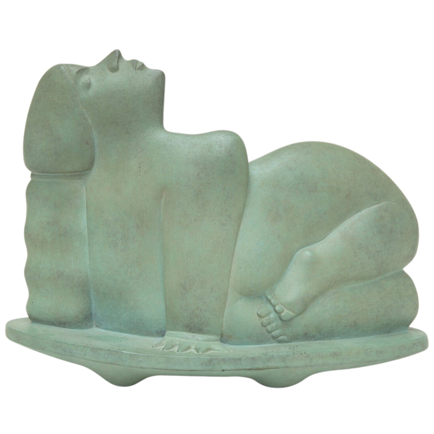 A jade sculpture of a reclining woman with closed eyes, resting her head on her arm, in a minimalist style.