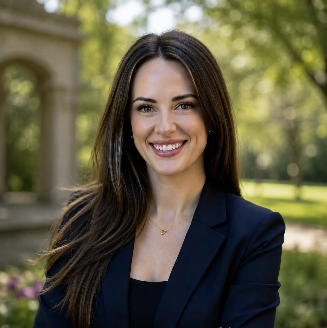 Rachel Calvin with long brown hair, smiling and wearing a black blazer and a gold necklace, standing outdoors with trees and a stone structure in the background.