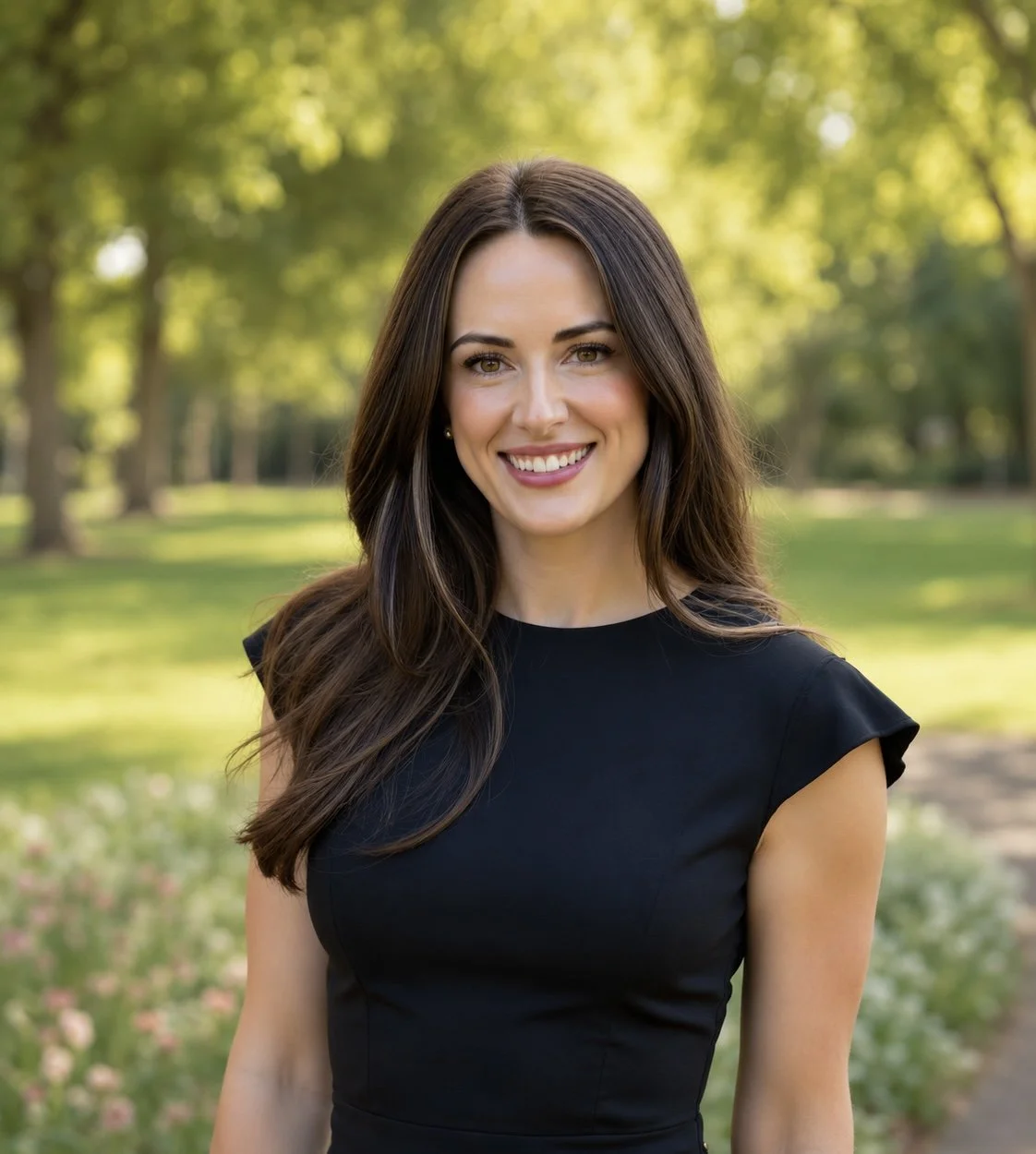 Rachel Calvin smiling with long brown hair wearing a black top, standing outdoors in a park with green trees and sunlight in the background.