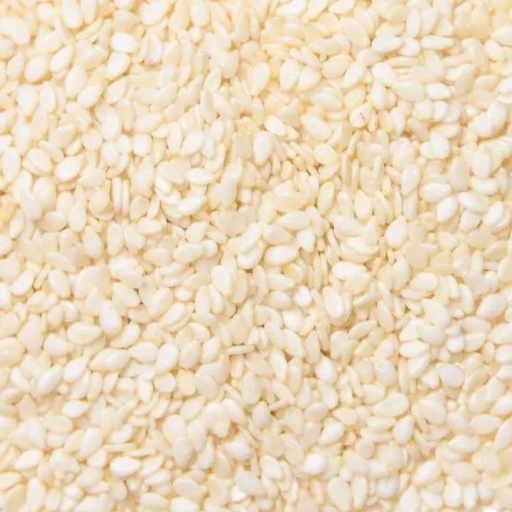 Close-up of white sesame seeds.