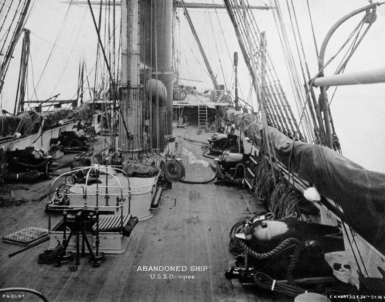 “Abandoned Ship” drill aboard USS Ossipee in the late 1880s.  Five of Ossipee’s six 9-Inch Dahlgrens are visible in this photo.  Naval History and Heritage Command Photo