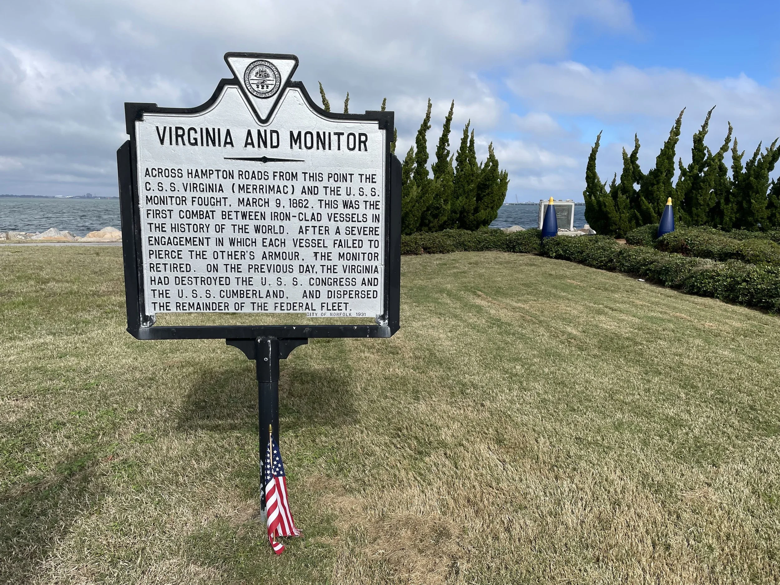 Historical Marker at Naval Station Norfolk commemorating the battle between USS Monitor and CSS Virginia