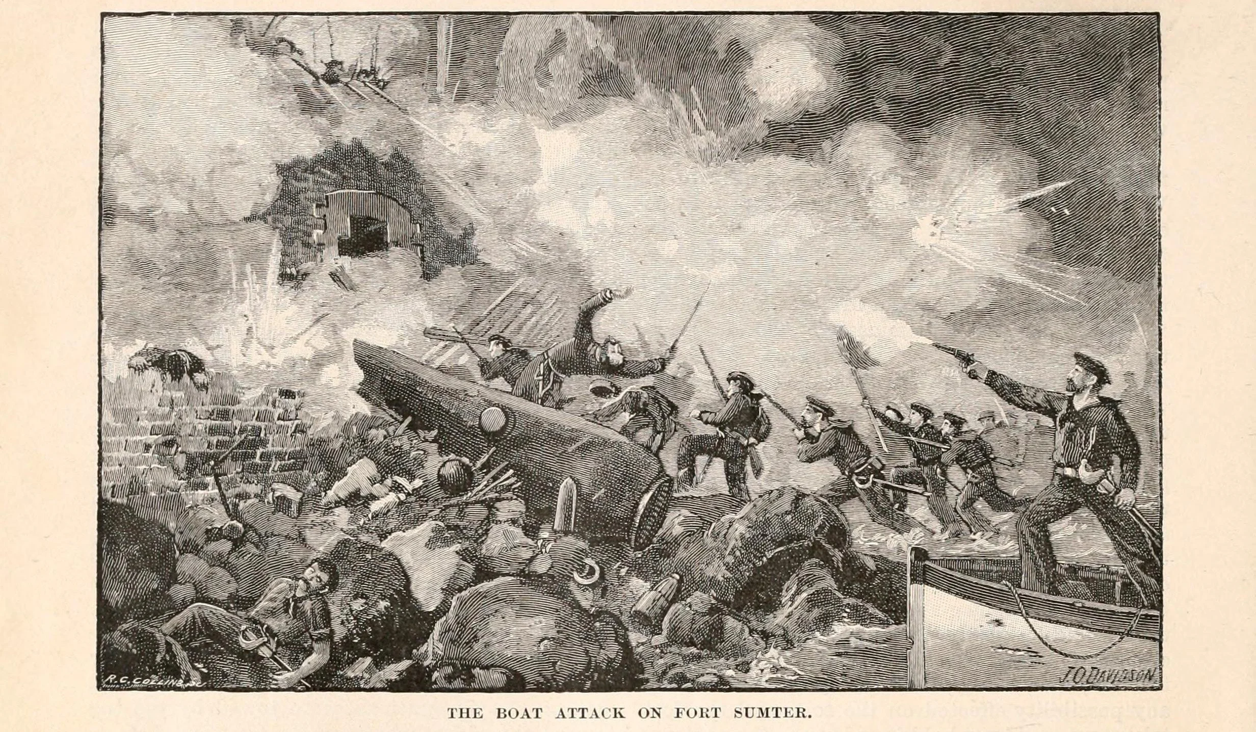 The Boat Attack on Fort Sumter - September 8th, 1863.  Illustration from “Battles and Leaders of the Civil War”, Volume 4.