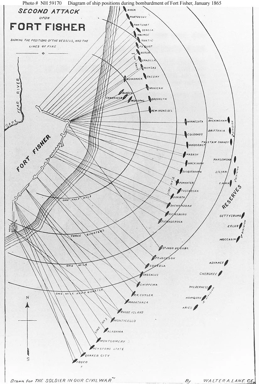 Illustration showing the position of the ships of the US Navy bombarding Fort Fisher.  USS Canonicus is among the ships closest to the north east corner of the Fort.