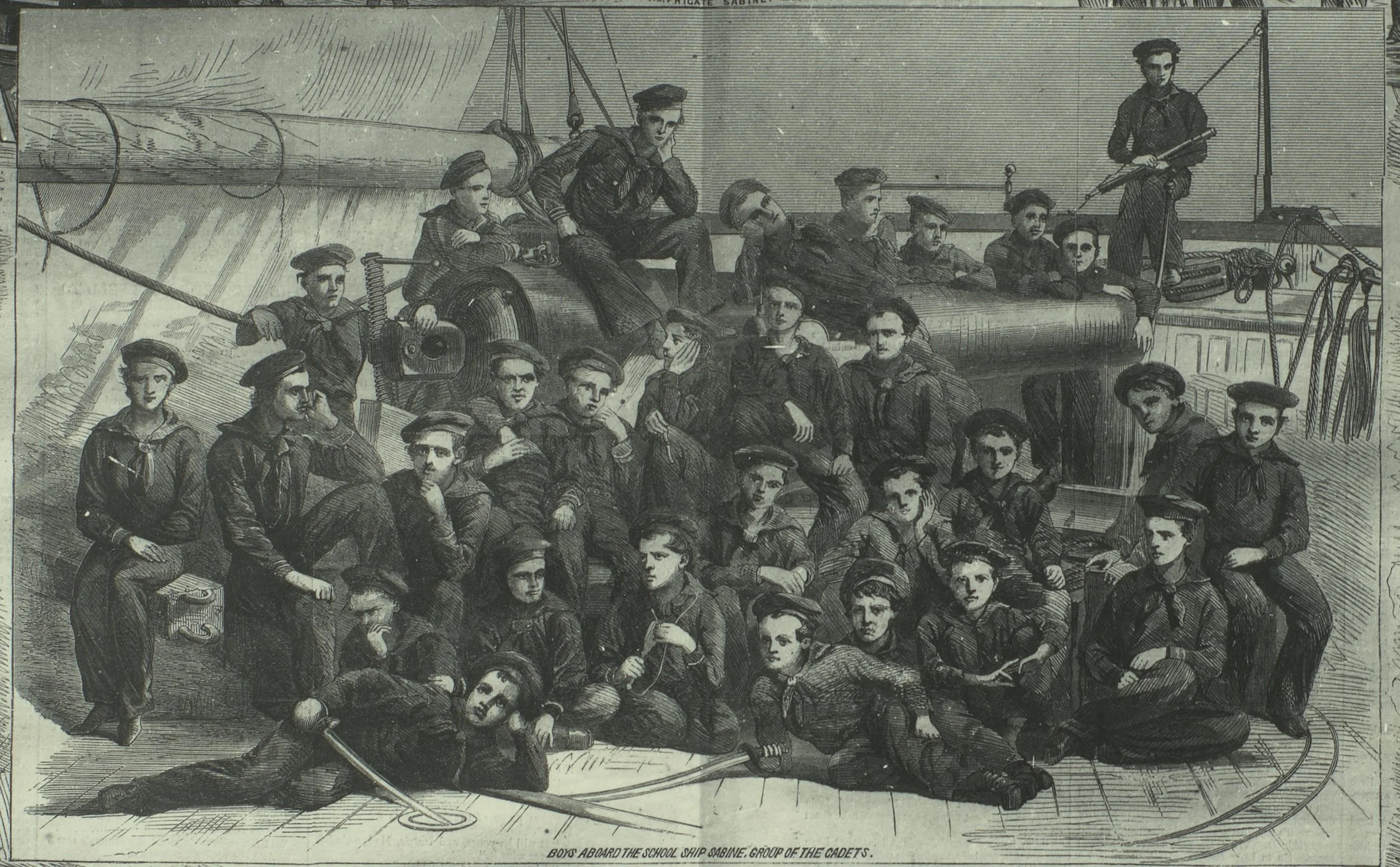 US Navy Apprentice Sailors aboard USS Sabine as depicted in an 1865 Harper’s Weekly Illustration.  The boys are sitting around a 100-Pounder Parrott Rifle mounted as a pivot on the aft end of the spar deck.