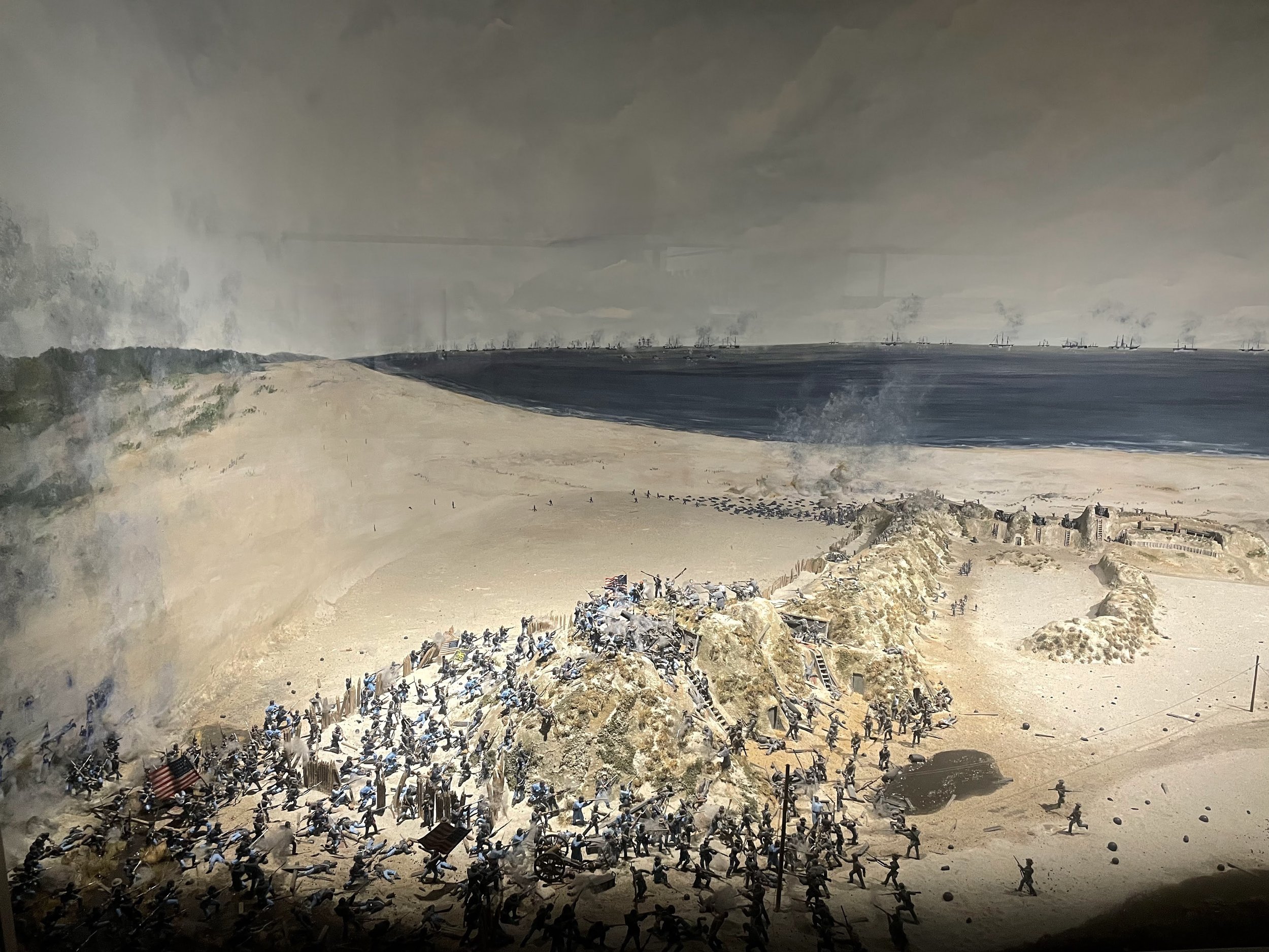 Photo Above: Diorama depicting the attack of US Soldiers, Marines, and Sailors on Fort Fisher, January 15th, 1865.  As seen at the old Cape Fear Museum, Wilmington, North Carolina, Spring 2025.