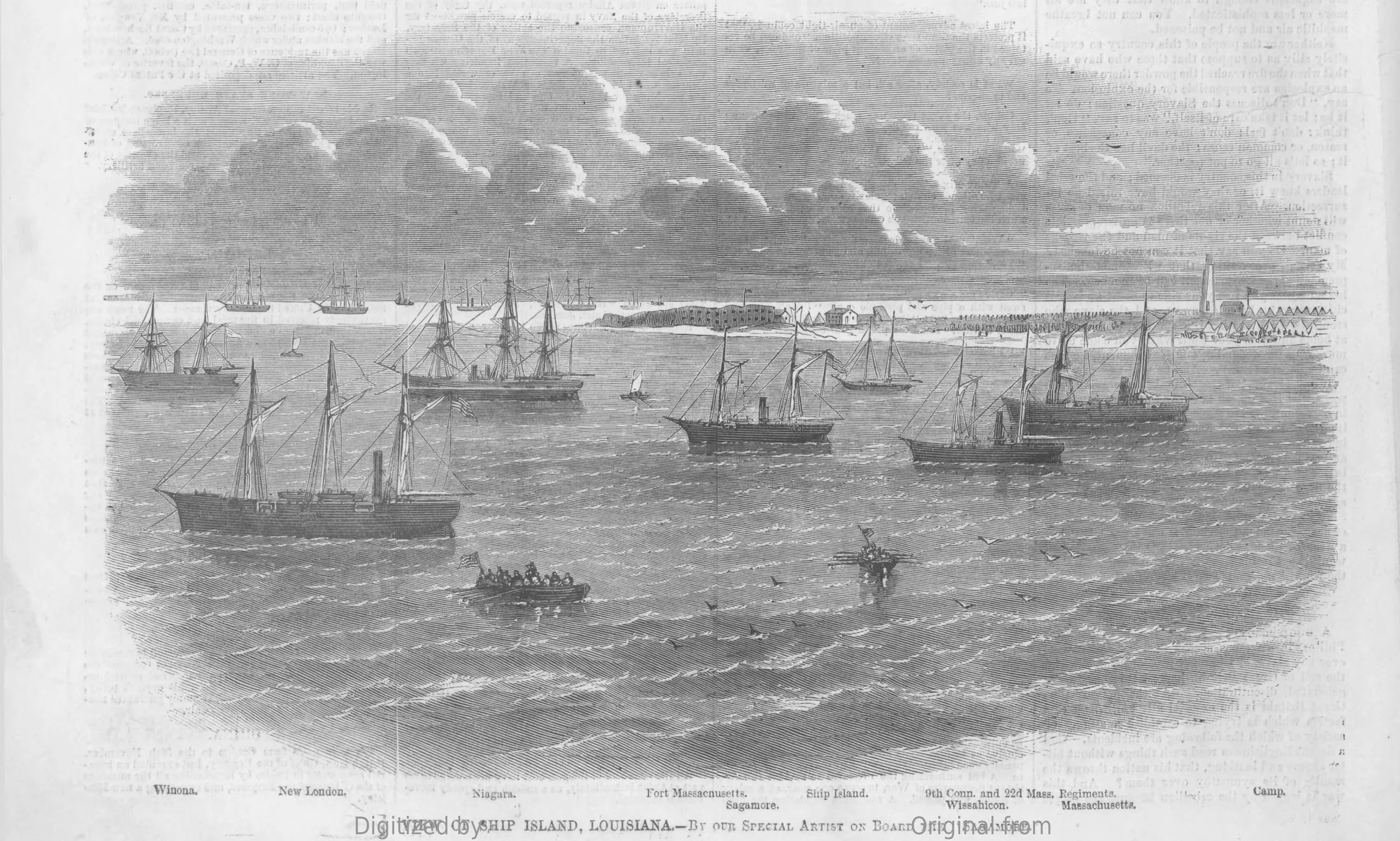 1862 Illustration from Harper’s Weekly showing the still incomplete fort on Ship Island as well as the lighthouse.