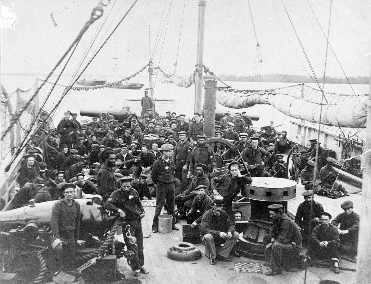 Large group of US Navy sailors aboard USS Miami during the Civil War