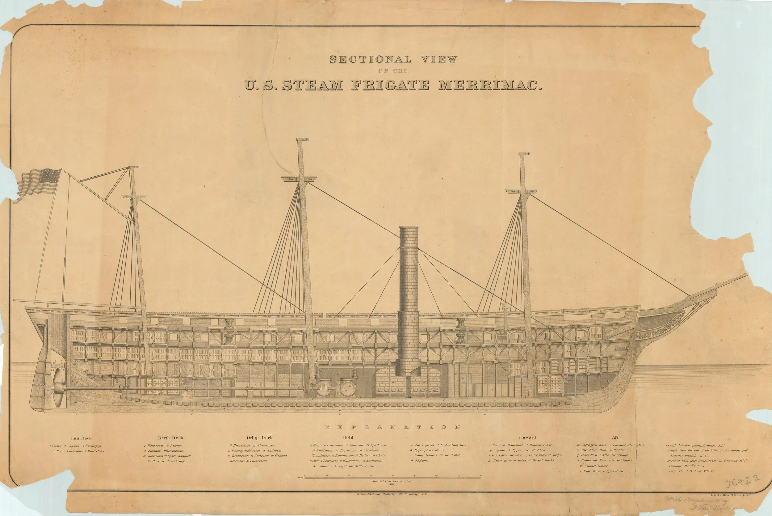 “Sectional View of the U.S. Steam Frigate Merrimac” showing the large space amidships required by boilers and engines.  National Archives
