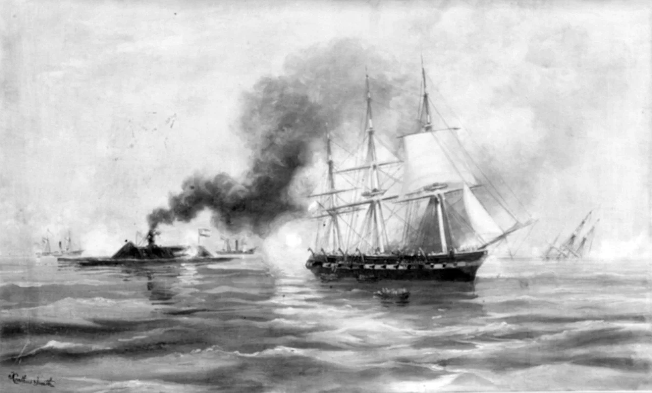 Illustration of CSS Virginia firing into the stern of USS Congress