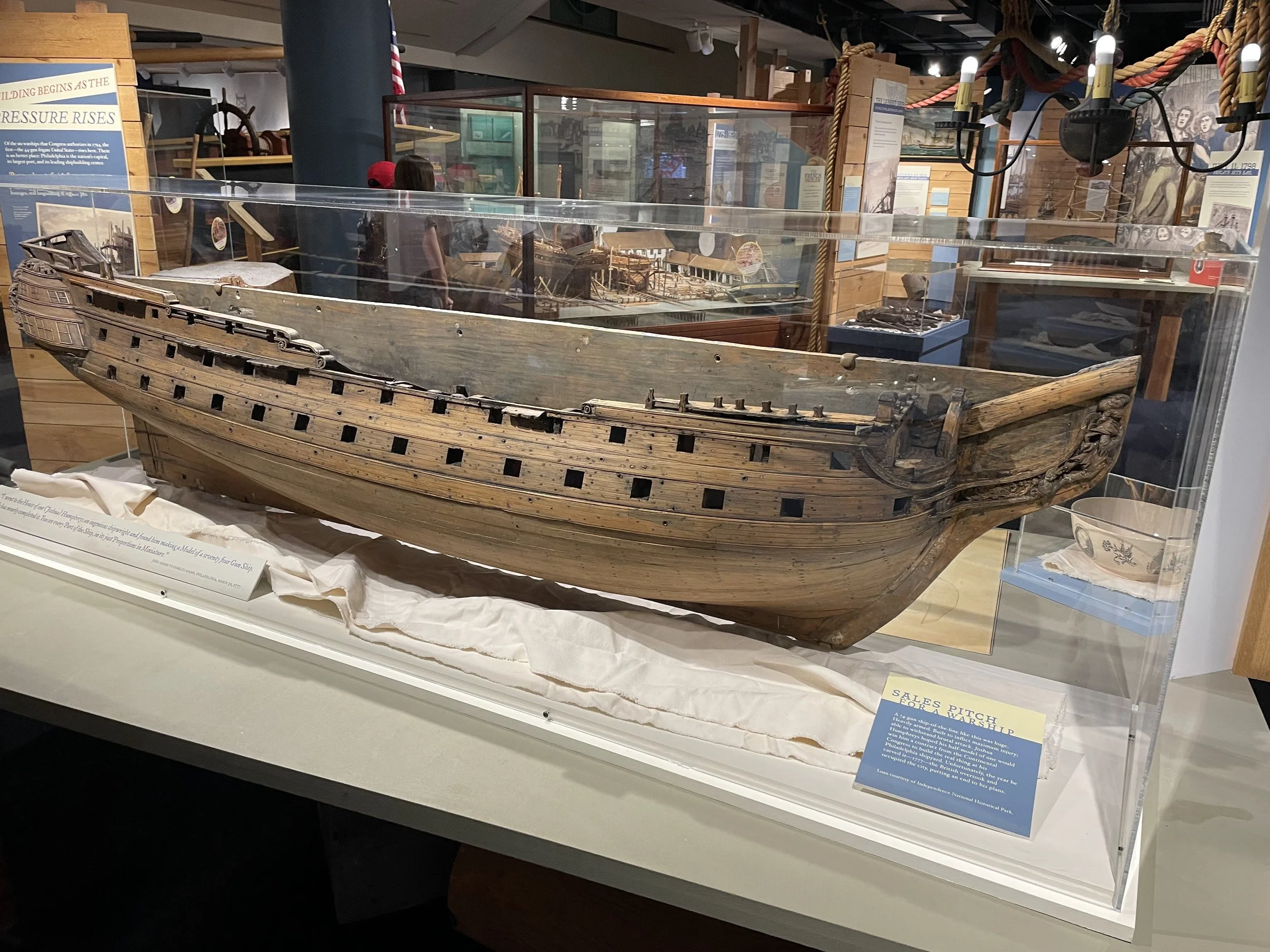 Model for a proposed 74-Gun Ship for the Continental Navy carved by Jonathan Humphrey’s in 1777.  Displayed at the Independence Seaport Museum in Philadelphia