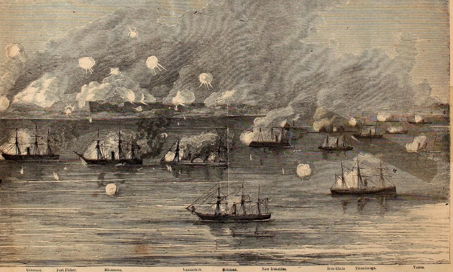 Above photo - First Battle of Fort Fisher (December 24th-25th, 1864) as illustrated in the January 28th, 1865 issue of Harpers Weekly.  The monitors may be seen at right.