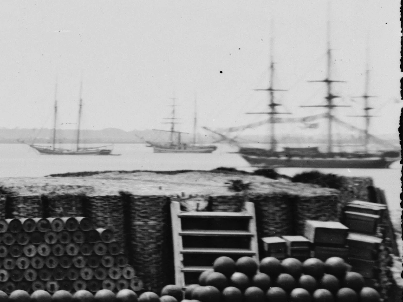 USS John Adams seen from inside Castle Pinckney in 1865.  Cropped from Library of Congress photo.