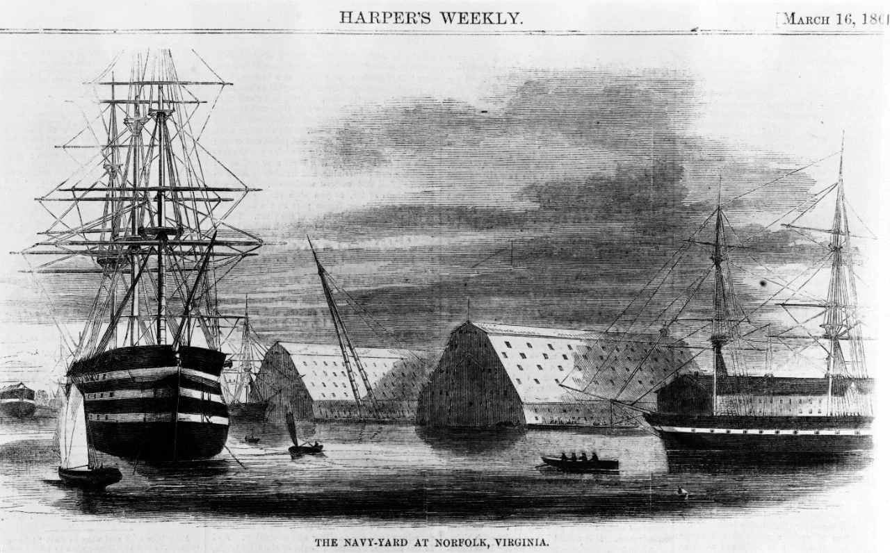 Harpers Weekly Illustration of the Gosport Navy Yard in March of 1861.  The giant USS Pennsylvania is at right while the ship houses, one of which contained USS New York, are at center.