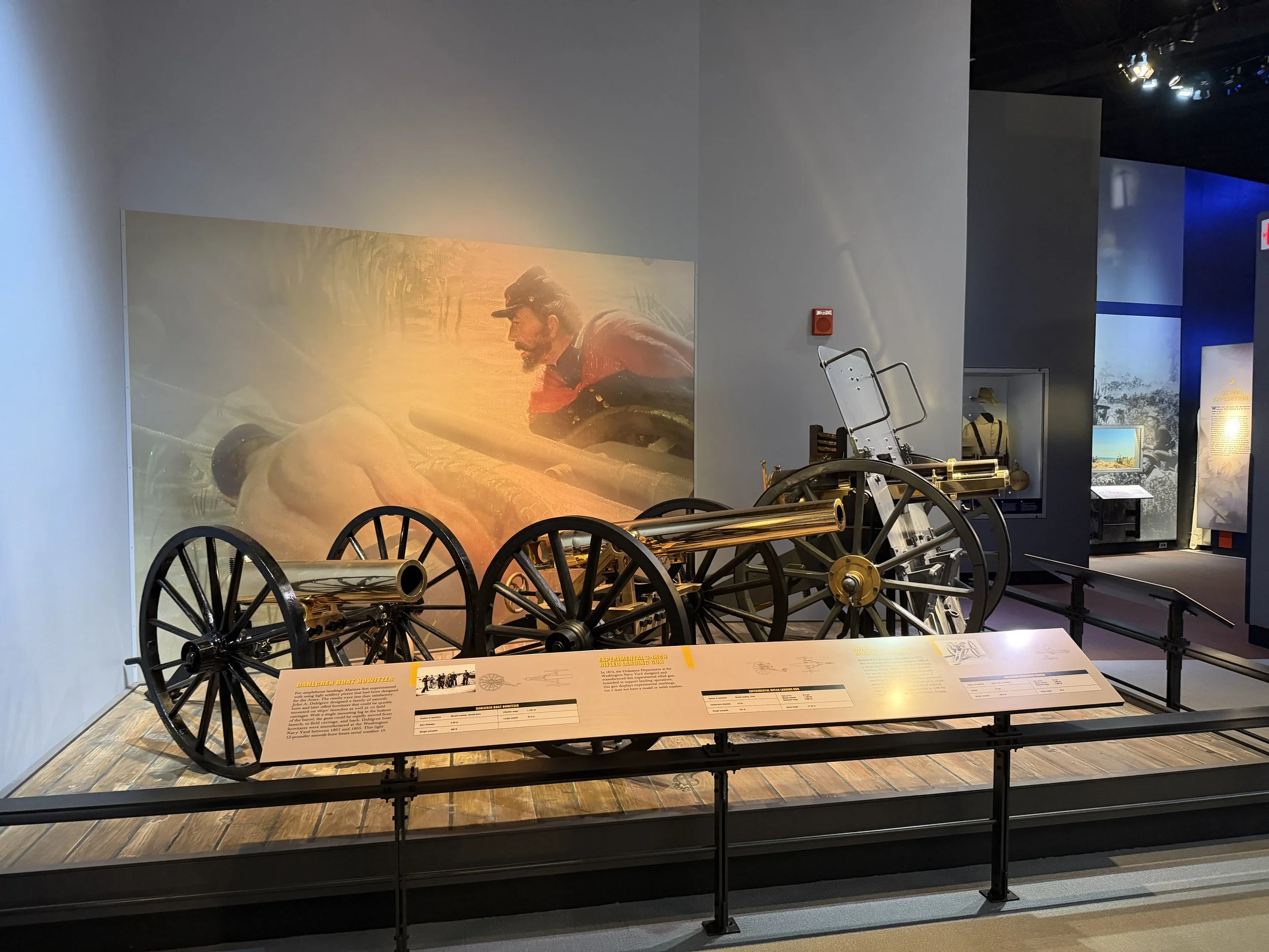 Number 19 is displayed on a landing carriage, and is part of an exhibit on Marine landing parties in the 19th Century.  The other guns present are a 3-Inch Breechloader (500 pounds, bronze) of the 1870s and a Gatling Gun.