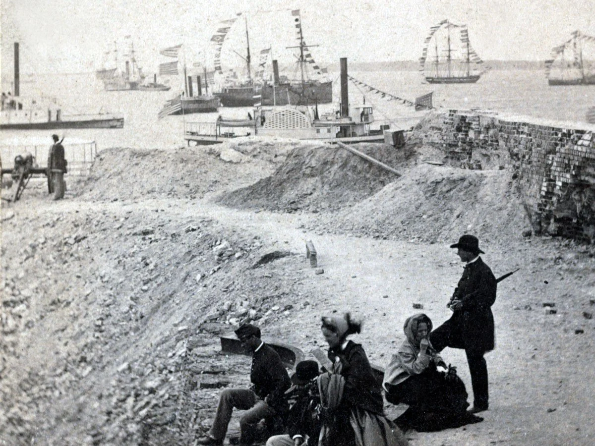 John Adams (sloop of war seen at top right) seen from Fort Sumter during the April 14th, 1865 Flag Raising Ceremony.