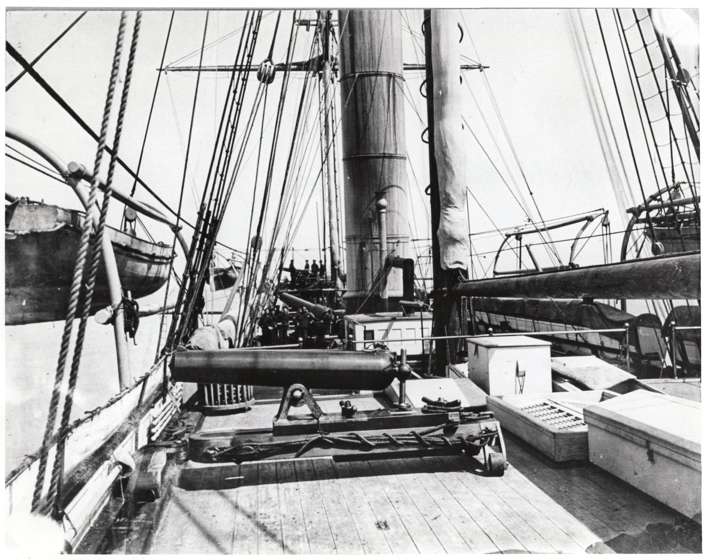 A 24-Pounder Boat Howitzer is seen mounted aboard USS Nipsic during the American Civil War.