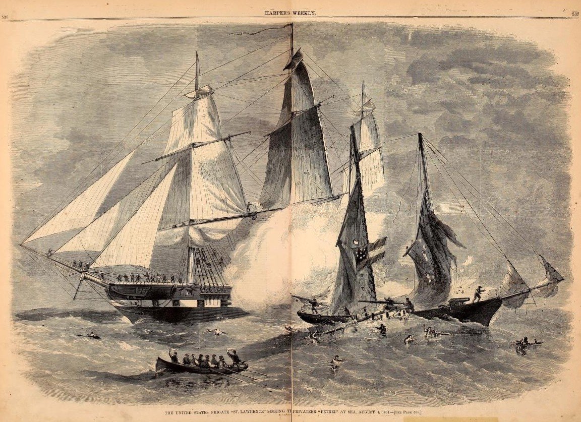 USS St. Lawrence sinking the Confederate Privateer Schooner Petrel as depicted in the August 24th, 1861 issue of Harper’s Weekly.