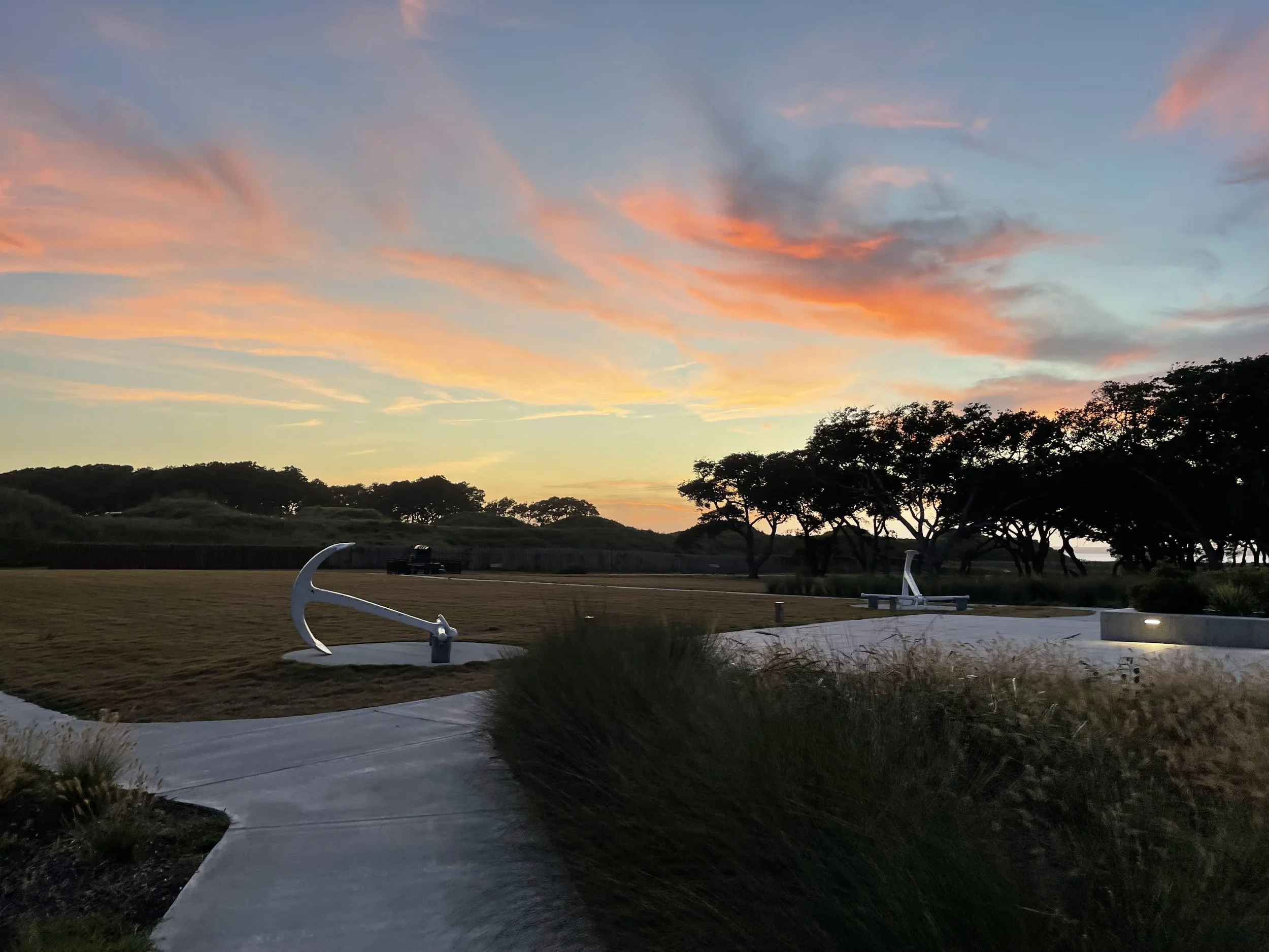 The land face of Fort Fisher at evening, Summer 2025.