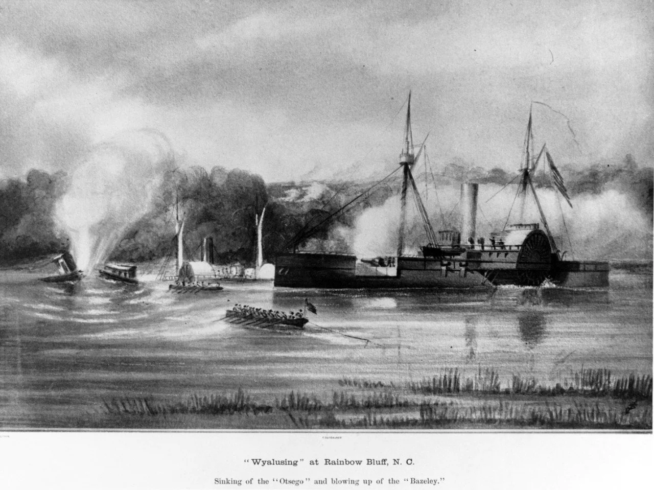 USS Wyalusing on the Roanoke River with the sunken USS Otsego in the background and USS Bazely striking a torpedo.