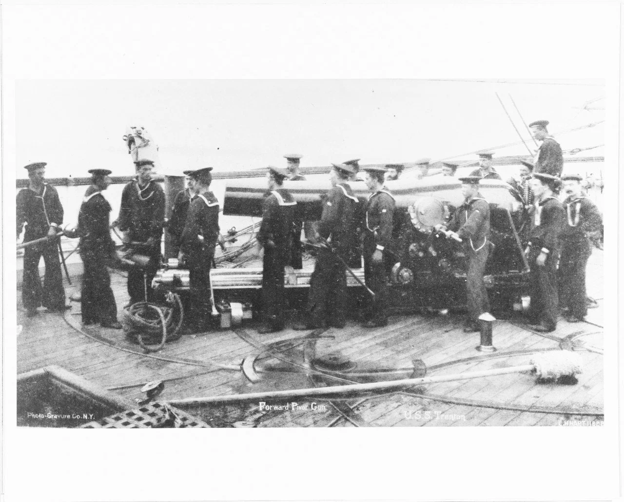 USS Trenton’s bow pivot crew at drill.  Naval History and Heritage Command gives this photo a date of 1886 - after Number 11 was taken off and the second bow pivot position eliminated.