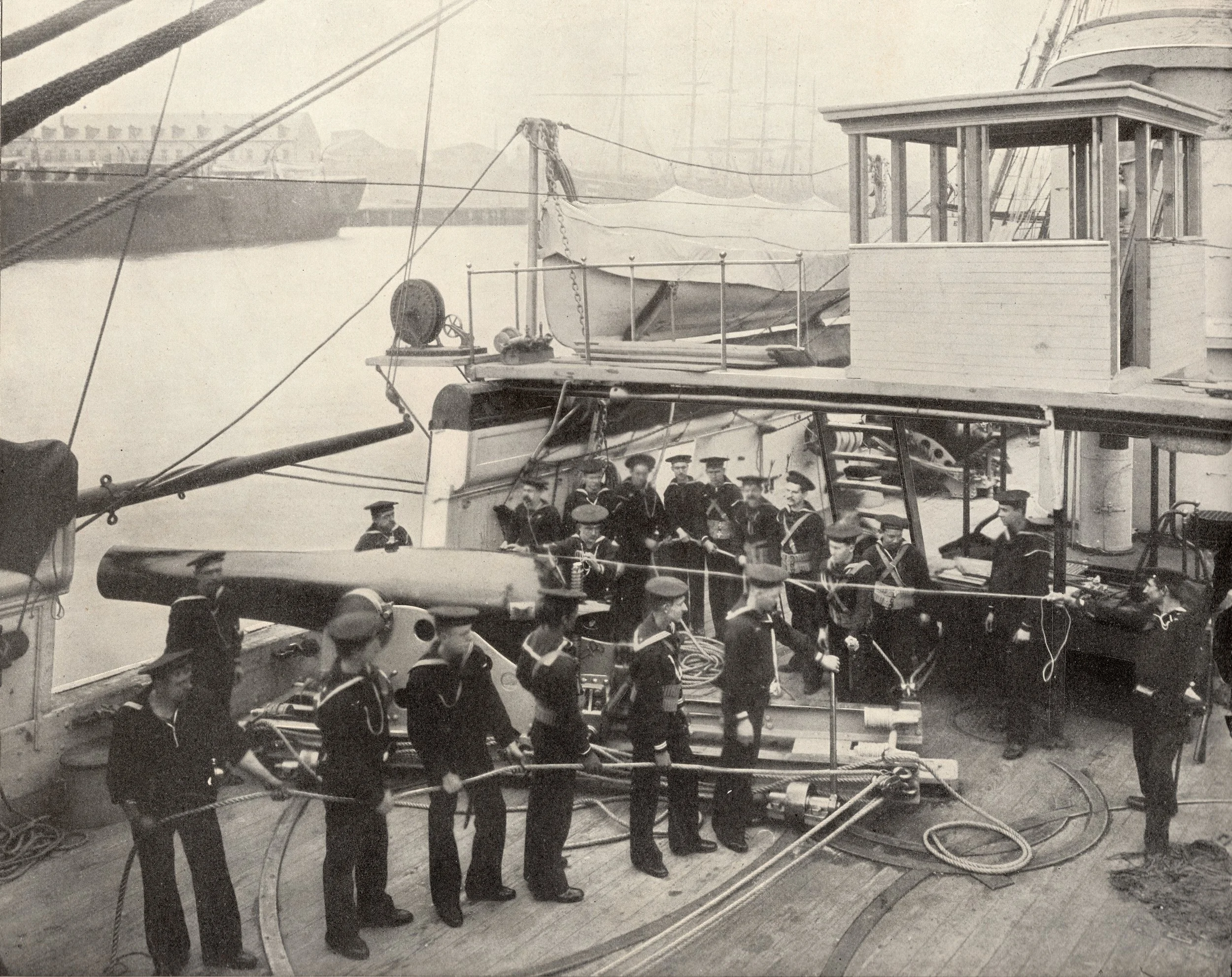 This photo published in an 1898 periodical appears to show the same gun crew as the NHHC photo.  The gun has been run out and is ready to “fire”.  Note the 9-Inch Dahlgren aft on the gun deck.